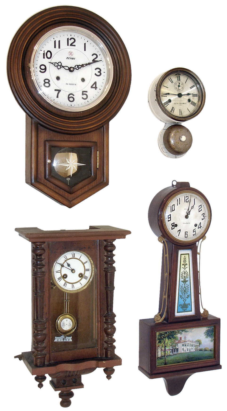 Clocks- 4 (Four): (1) Small German wall clock with spring driven, 8 days, time and strike, movement, c1900. (2) Seth Thomas Clock Co., Thomaston, Conn.shipÕs bell wall clock with 30 hours, time and ships bell strike, c1880; (3) Korean small schoolhouse wall clock in a wooden case with 31 day, spring driven, time and strike, movement, c1980. (4) New Haven Clock Co., New Haven, Conn., ÓWhitneyÒ, 8 days, time, hour and half-hour strike Banjo shelf clock c1930. — Antique Clocks Price Guide