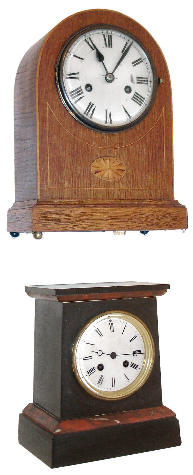 Clocks- 2 (Two) European Shelf Clocks: (1) French marble (red and black) shelf clock with spring driven, 8 days, time and strike, round movement, c1890; (2) German round top wood cased shelf clock with spring driven, 8 days, time and strike, movement, c1900; — Antique Clocks Price Guide