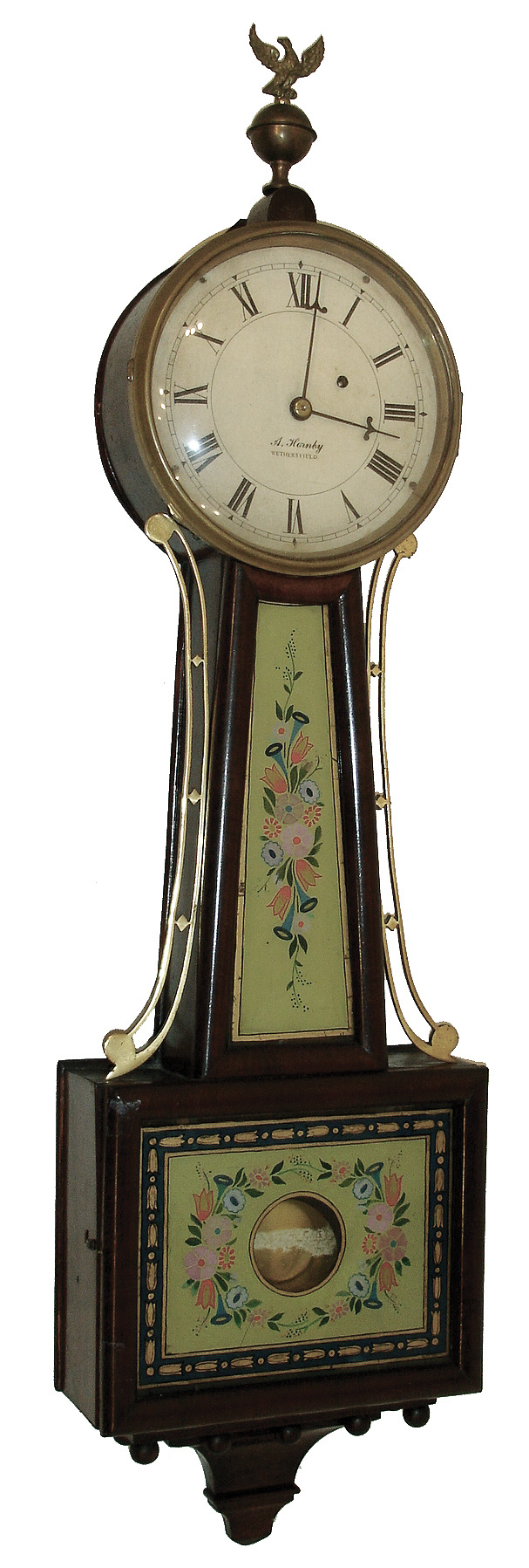 A. Hornby, Wethersfield, Conn.(?), 8 days, weight brass movement Patent Timepiece or ÒbanjoÓ clock. Hard to date this timepiece, but appears to about 1930. — Antique Clocks Price Guide