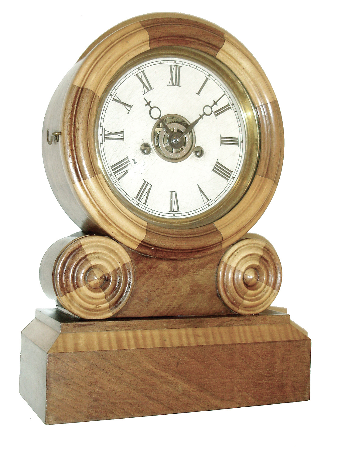 E. Ingraham & Co., Bristol, Conn., ÓGrecian MosaicÒ shelf clock in a walnut and tiger maple case with a spring driven, 30 hours, time and strike, movement, c1872. — Antique Clocks Price Guide