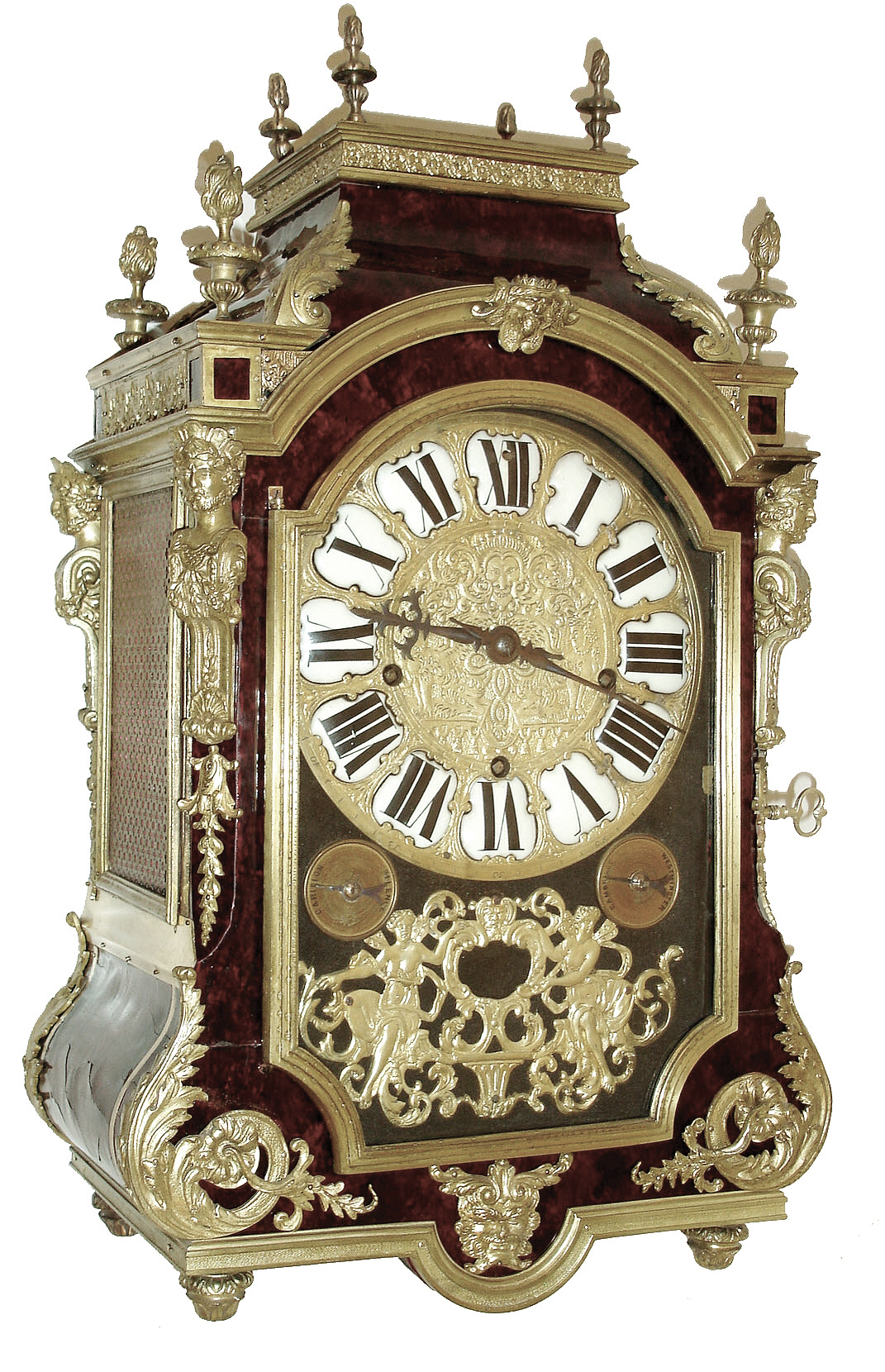 European, Louis XIV style bracket clock, large case with imitation tortoise veneer, and with gilt brass acanthus, bellflower, and other ornamental mounts, telamon corners, and gilt brass moldings, gilt dial with Roman numeral white enamel cartouches, blued steel hands, 8 days, three train movement, sounding Cambridge chimes on bells, or Westminster chimes on gongs, and counting the hours on a large gong, c1890 — Antique Clocks Price Guide