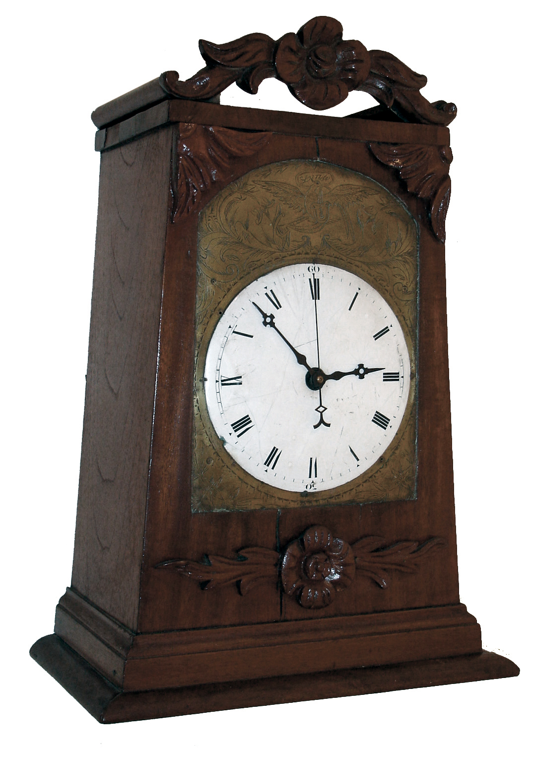 Chinese bracket clock, mahogany case with carved ornament, engraved brass dial surround, Roman numeral white enamel dial, 2 train, time and strike, movement — Antique Clocks Price Guide