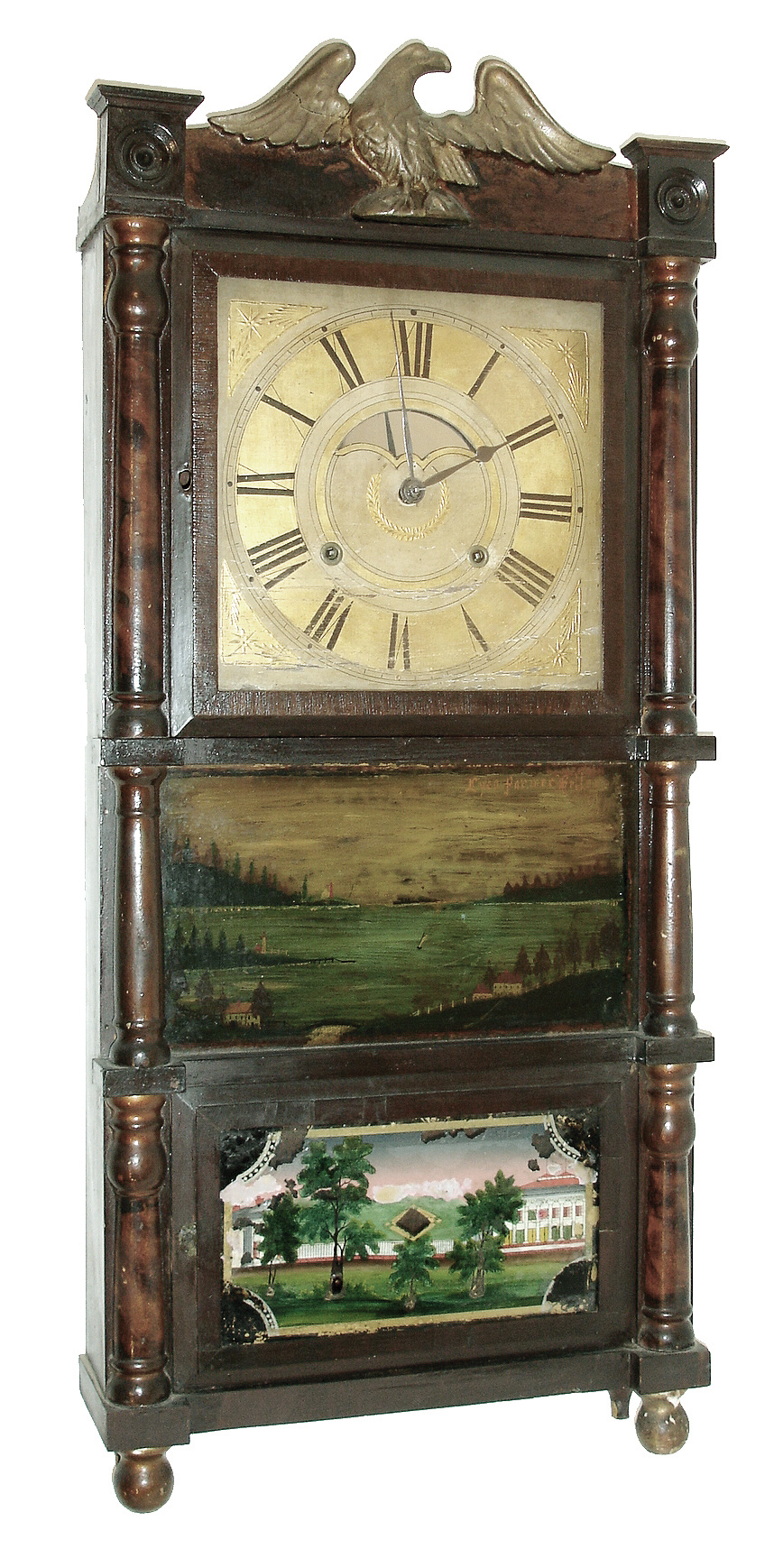 Birge & Mallory & Co., Bristol, Conn., 8 days, time and strike, weight brass movement triple decker shelf clock, c1840 — Antique Clocks Price Guide