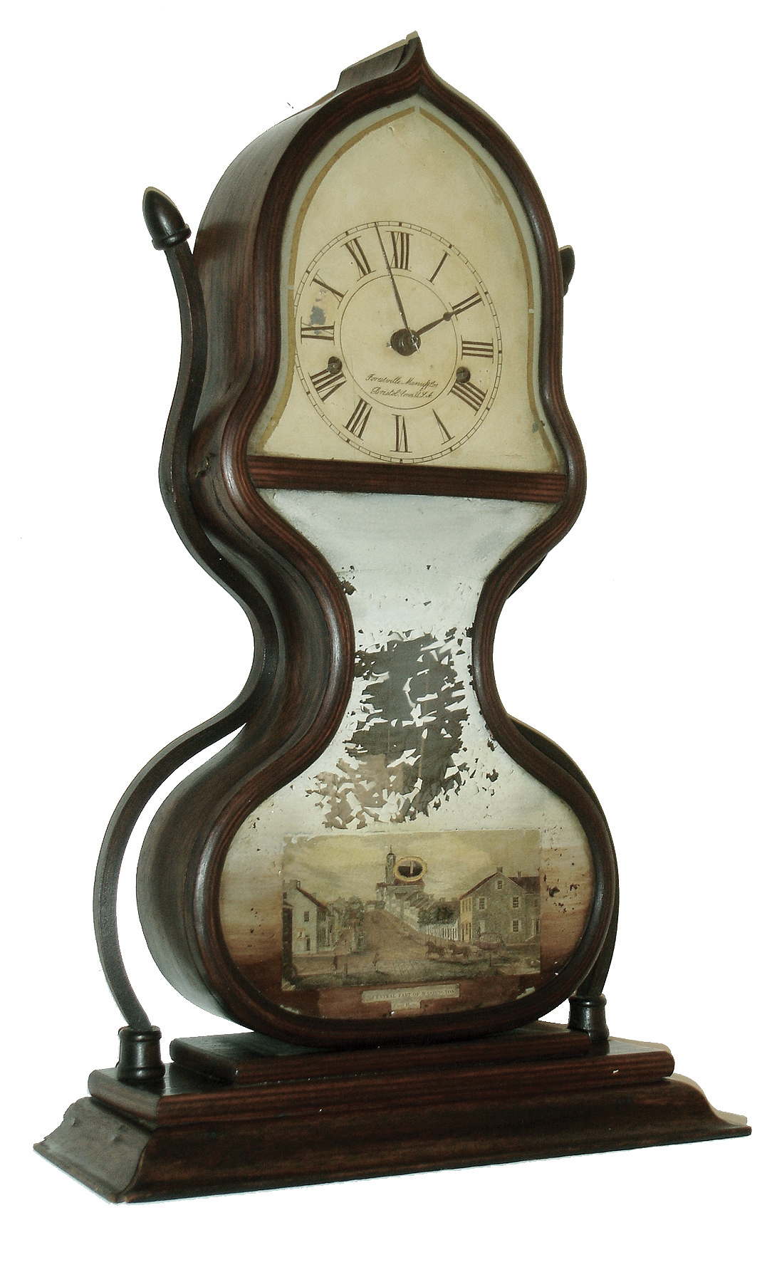 Forestville Mfg. Co., (J. C. Brown), Bristol, Conn., ÓShelf AcornÒ mantel clock, 8 days, time and strike, fusee, spring driven movement in a rosewood and rosewood veneer case with a painted metal dial and reverse painted lower tablet, c1845 — Antique Clocks Price Guide