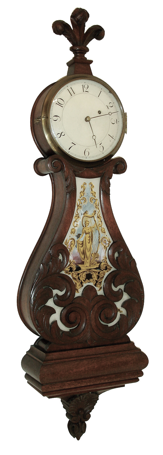 James G. Conlon, Boston, Mass., 8 days, weight brass movement Lyre banjo timepiece, c1950 — Antique Clocks Price Guide