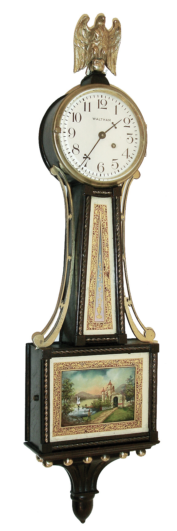 Waltham Clock Co., Waltham, Mass., ÒMiniature Willard banjoÓ, 8 days, time only, spring driven movement with lever escapement in mahogany case with reverse painted tablets and painted metal dial, c1930 — Antique Clocks Price Guide