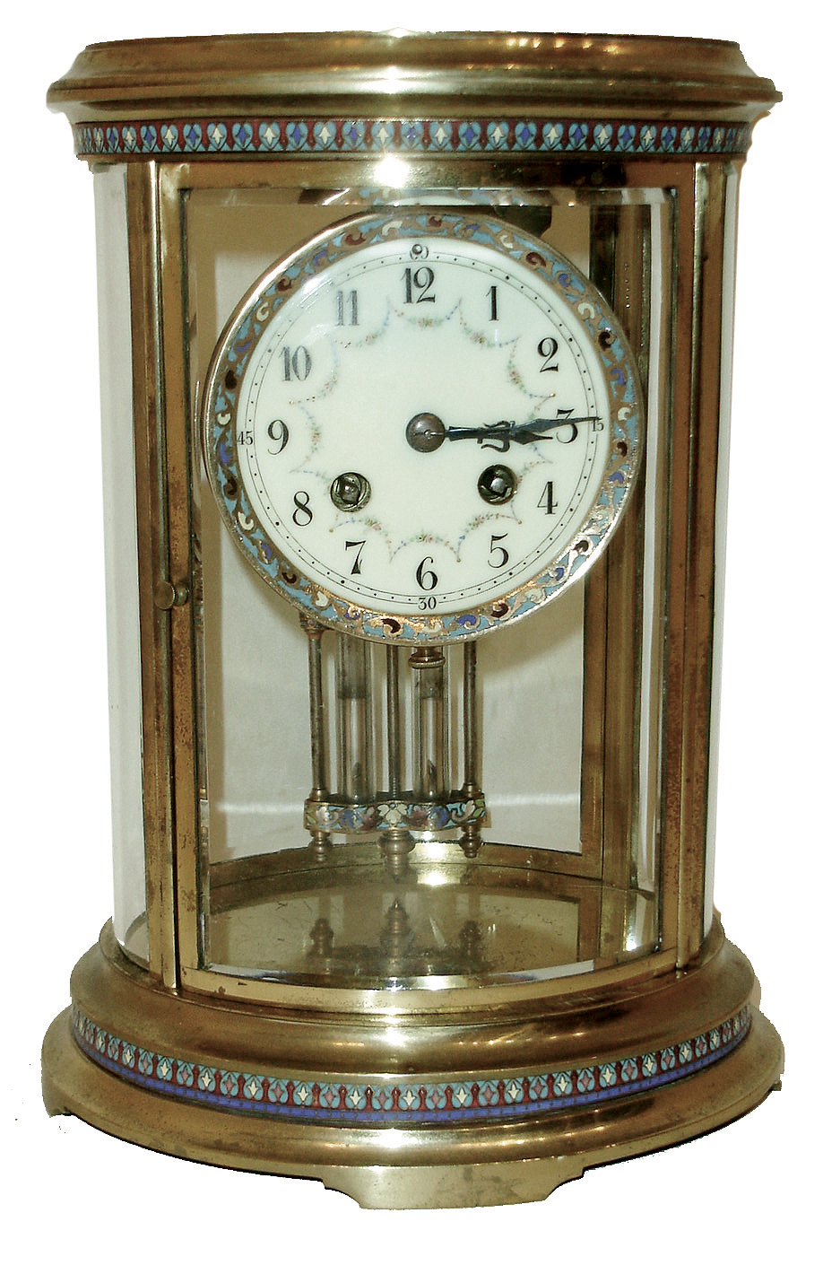 A.D. Mougin, French, 8 days, time and strike, spring brass movement oval brass and glass crystal regulator shelf clock with champleve enamel, c1900 — Antique Clocks Price Guide