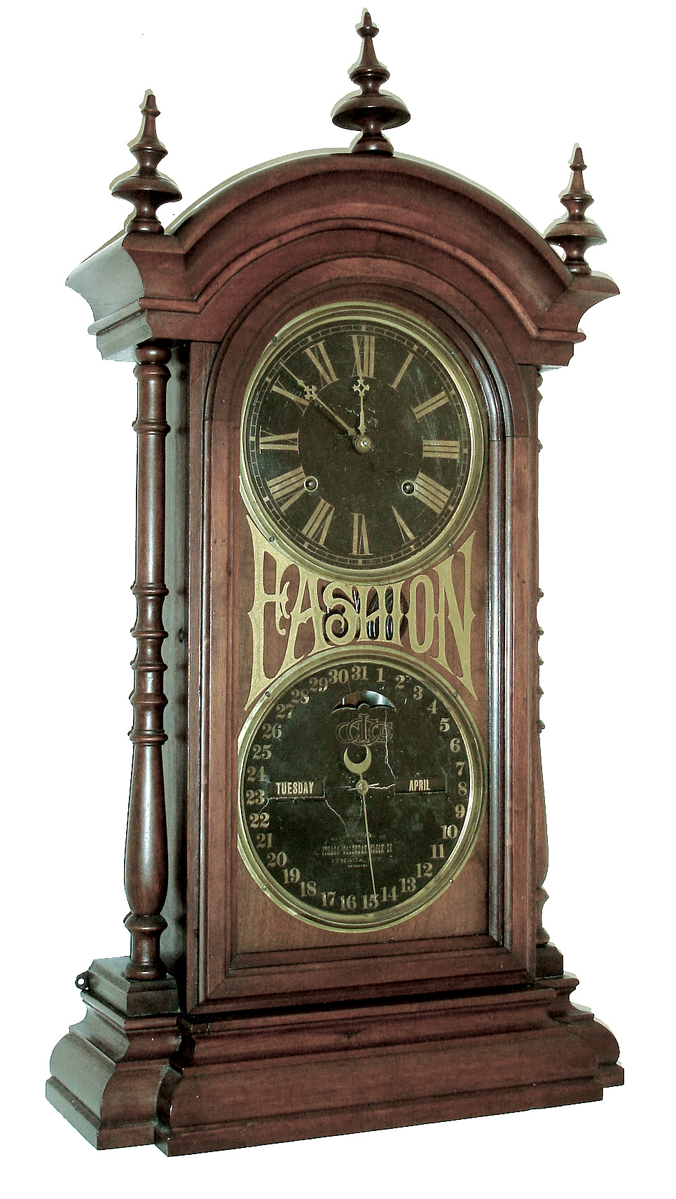 Southern Calendar Clock Co., St. Louis, Mo.,ÓFashionÒ calendar shelf clock, 8 days, spring driven, time and strike, movement and calendar movement marked Ithaca Calendar Clock Co., Ithaca NY, c1889. — Antique Clocks Price Guide