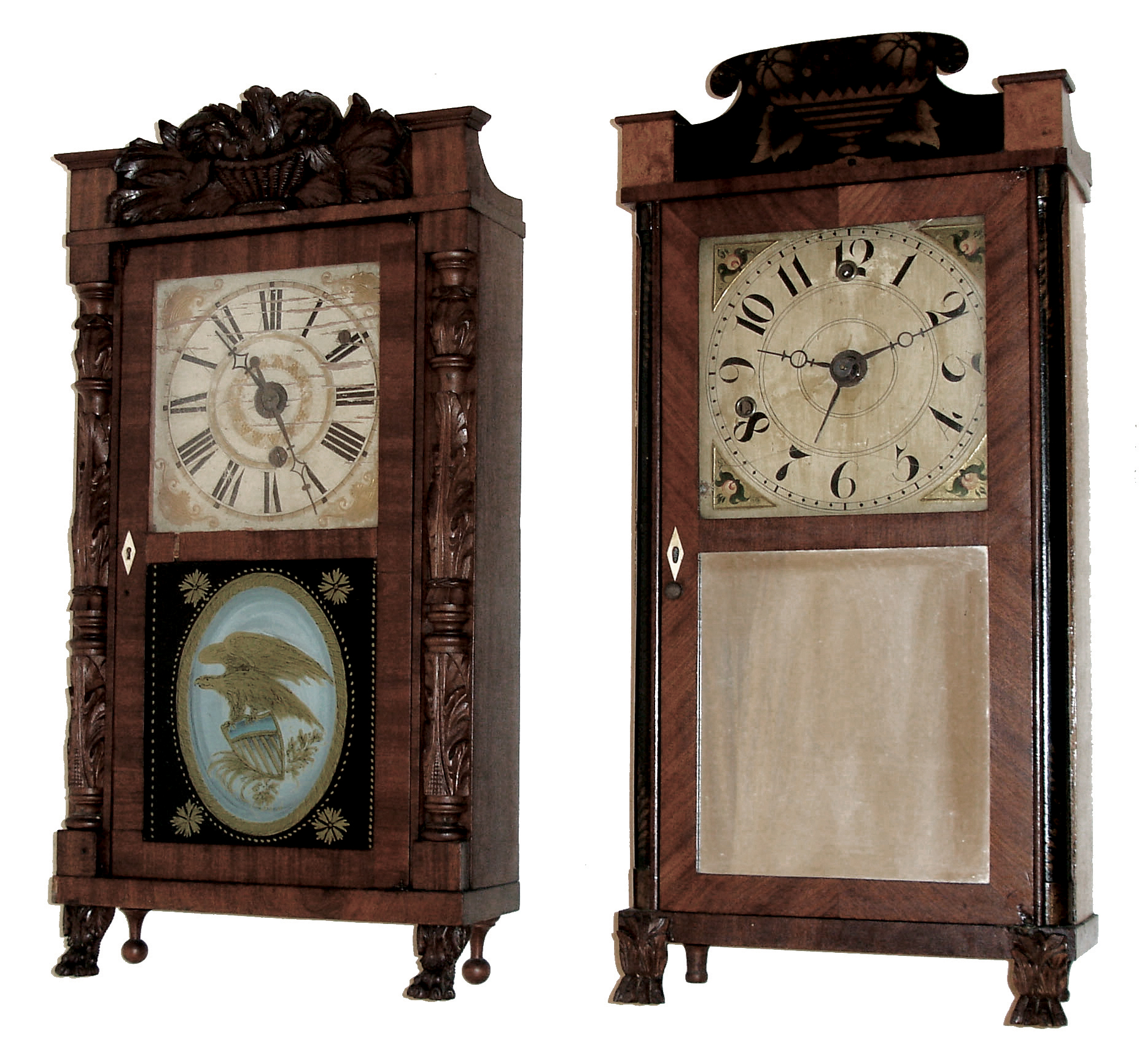 Clocks- 2 (Two): (1) Jeromes & Darrow, Bristol, Conn., 30 hours, weight driven, time and alarm shelf clock in a fully carved half column and splat mahogany case, c1830. (2) Silas Hoadley, Plymouth, Conn., 30 hours, weight driven, time and alarm shelf clock in a stenciled quarter column and splat case, c1835. — Antique Clocks Price Guide