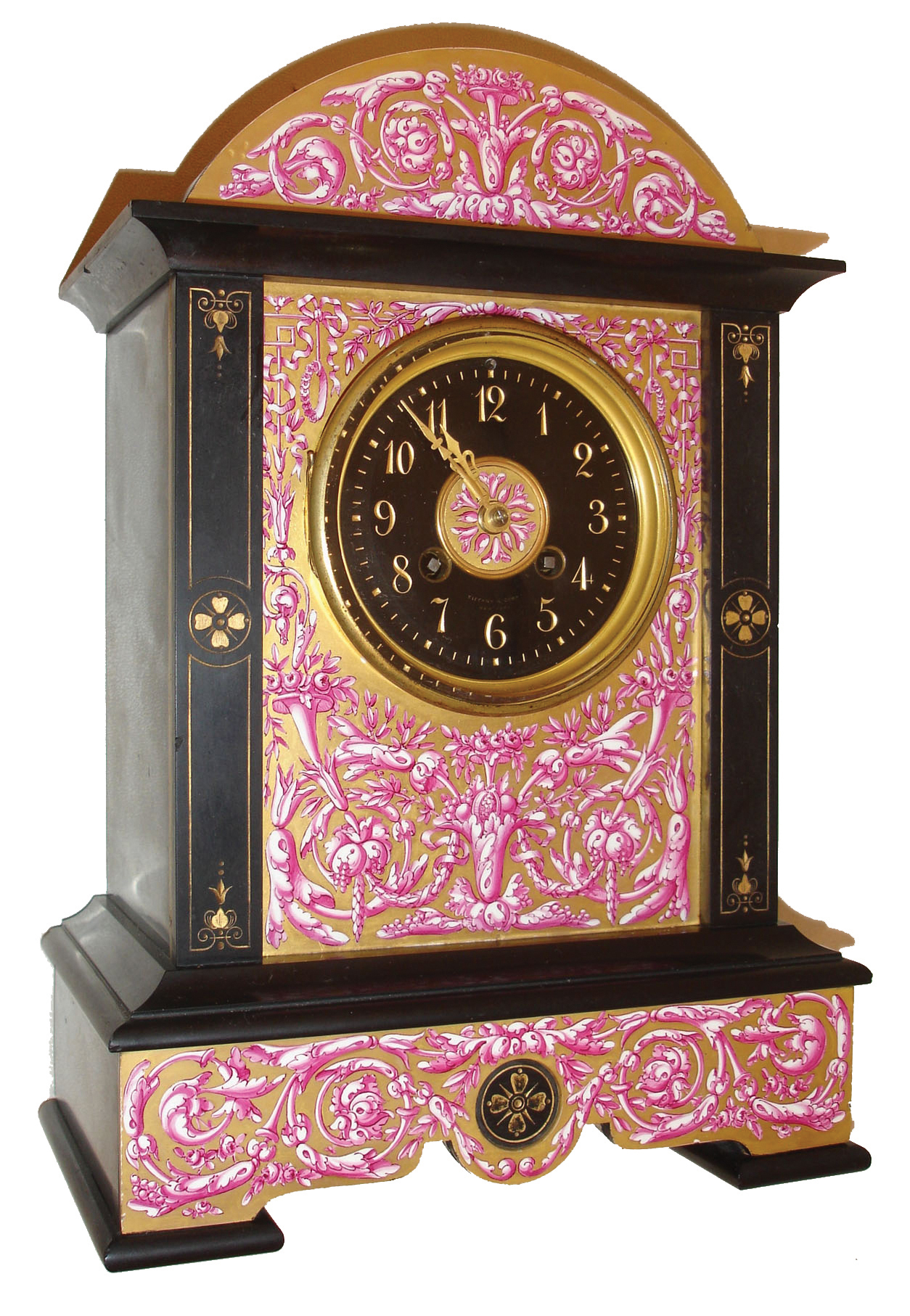 France, for Tiffany & Compy., New York, polished black slate case with porcelain panels bearing Adamesque style ornament on a matte gilt ground, the decoration with trailing vines, bellflowers, pendant husks and bowknots, the central panel with gilt bezel with beveled glass enclosing an Arabic numeral, black slate dial, and flanked by slate pilasters with incised gilt ornament, gilt hands, 8 days, time and strike, pendule a Paris movement, also signed Tiffany & Compy., c1880 — Antique Clocks Price Guide