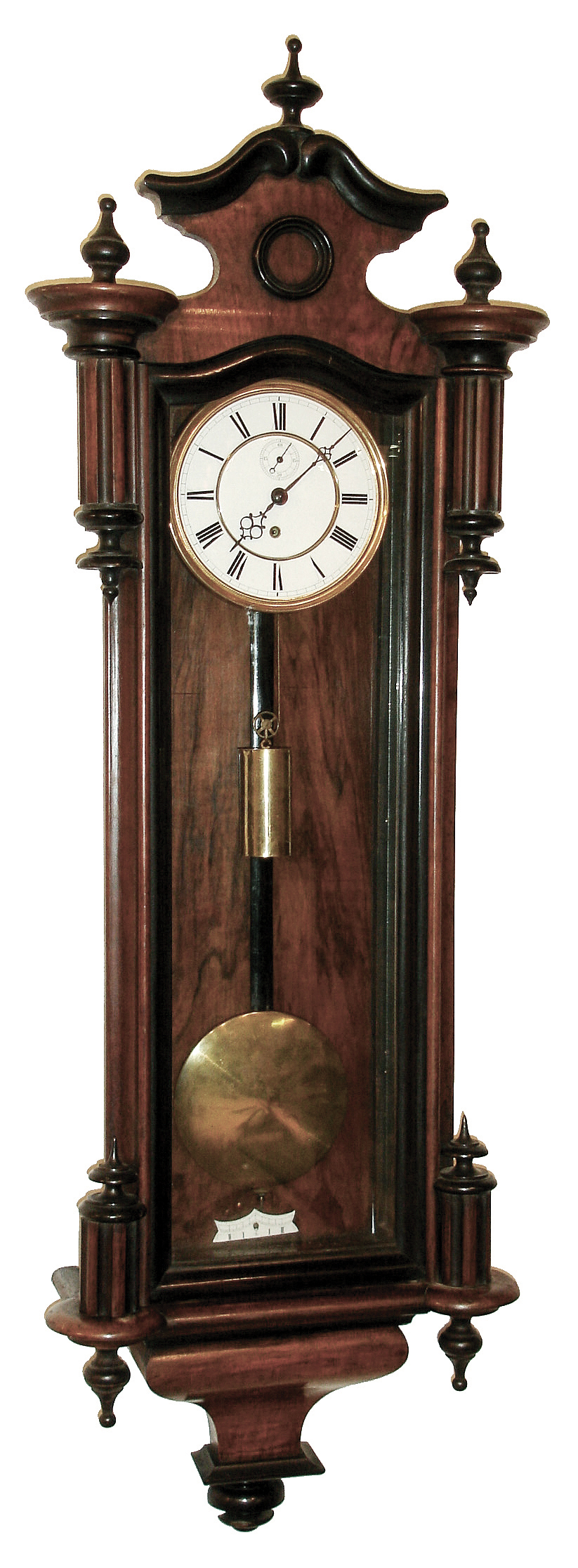 Gustav Becker, Germany, Vienna regulator, walnut case with glazed front and sides, with ebonized moldings and finials, Roman numeral white enamel dial with seconds bit, pierced, blued steel hands, 8 days, weight driven, timepiece movement, the back plate signed ÓGustav Becker Freiburg/SÒ and with crown and anchor logo, brass pendulum ball on an ebonized wooden rod, c1890 — Antique Clocks Price Guide