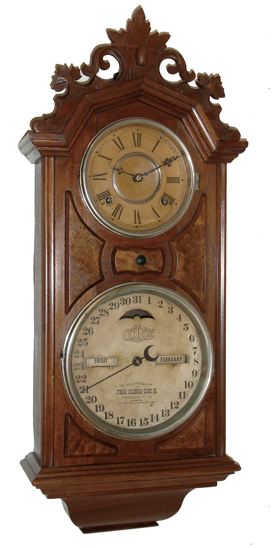 Ithaca Calendar Clock Co., Ithaca, NY, ÓNo. 6 Hanging LibraryÒ wall clock with a spring driven, 8 days, time and strike, movement and perpetual calendar mechanism, c1880. — Antique Clocks Price Guide