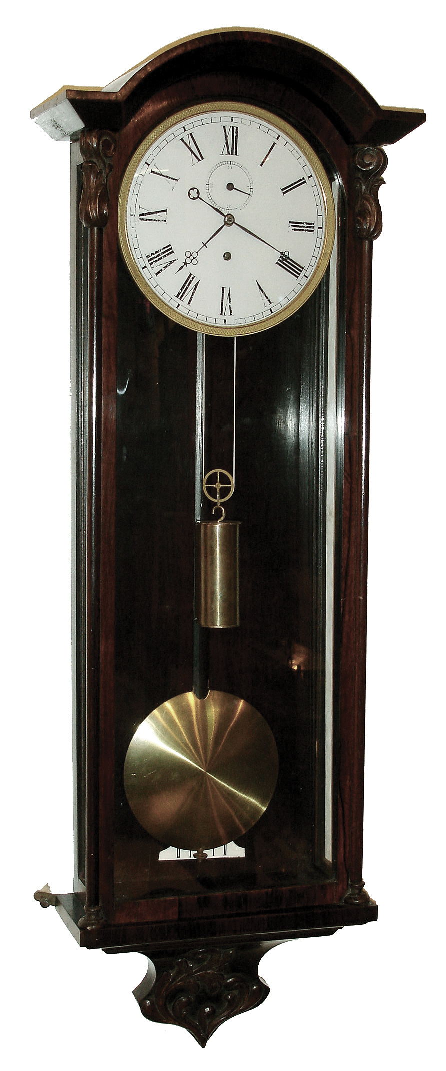 Austria, Vienna regulator, rosewood veneered case with glazed front and sides, the top with simple beveled molding, door with small diameter columns with carved wooden capitals and turned bases, the bottom with incurved bracket, also with applied, carved ornament, Roman numeral, white enamel dial with gilt bezel, pierced blued steel hands, weight driven, 8 days, timepiece movement with dead beat escapement and maintaining power, brass pendulum ball with ebonized wooden rod, c1860 — Antique Clocks Price Guide