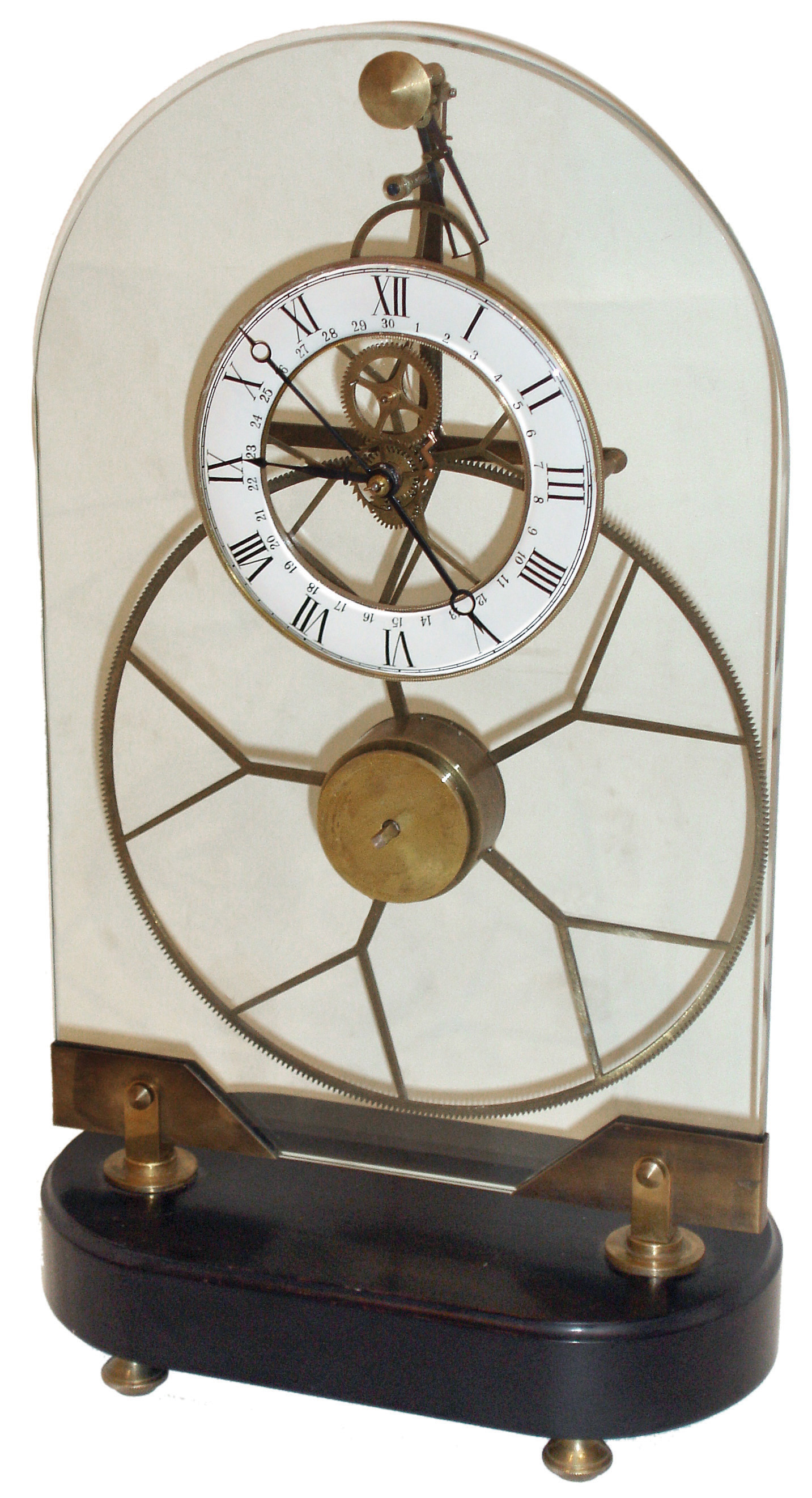 Clocks- 2 (Two) Asian reproduction brass, glass and wood, 8 days, shelf clocks: skeleton, time only, with fusee, large great wheel and oval glass dome; oversize great wheel with round-top glass panel and alarm; late 20th century — Antique Clocks Price Guide