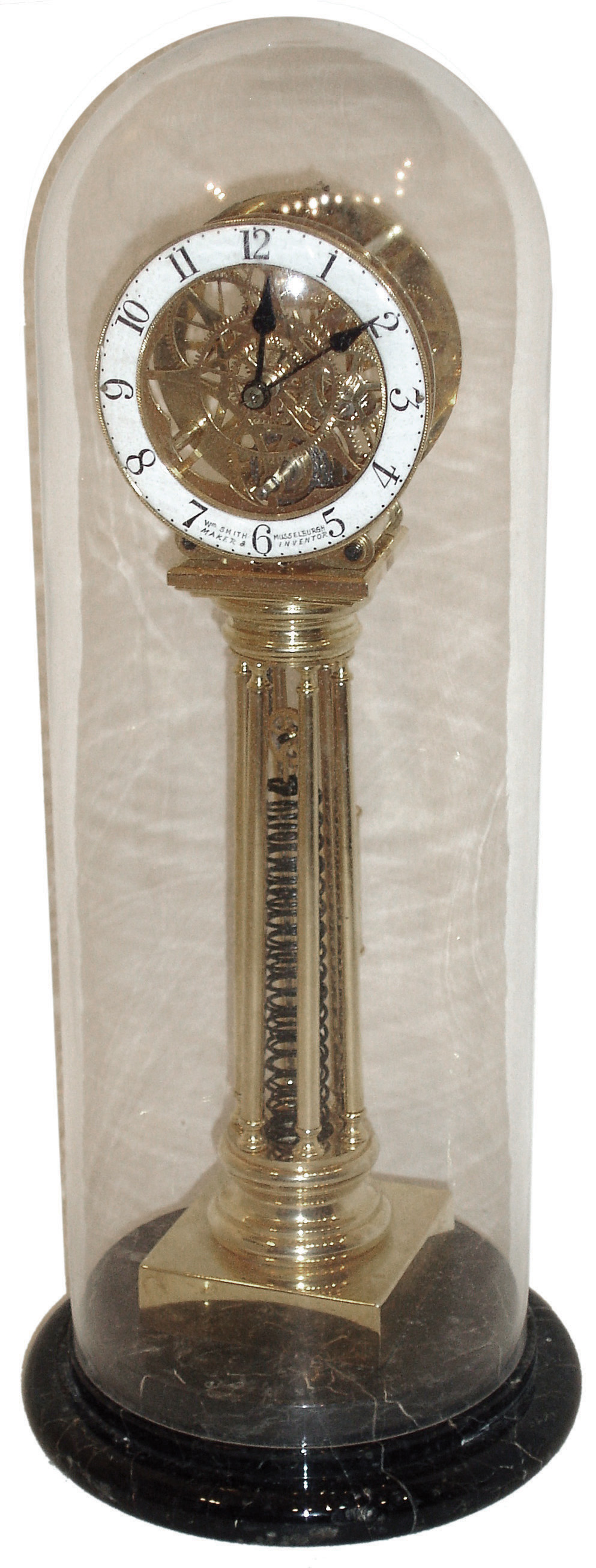 Asian modern reproduction lacquered brass, 8 days, time only, skeleton clock powered by an extended coiled spring, white porcelain chapter ring signed ÒWm. Smith, Musselburgh, Maker & InventorÓ, veined marble base, late 20th century — Antique Clocks Price Guide