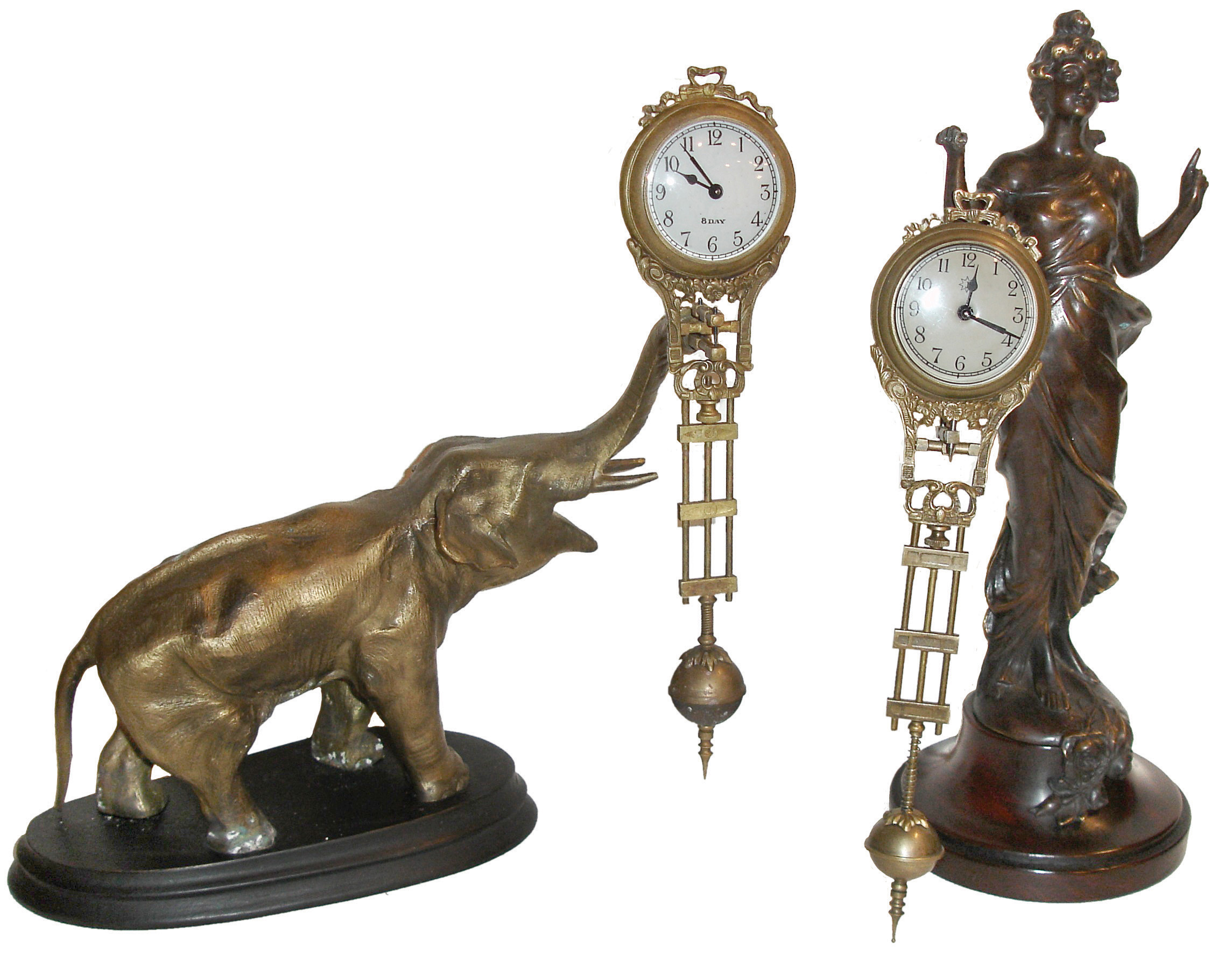 Clocks- 2 (Two) Asian reproduction cast metal small, 8 days, swingers on wood bases: Diana and elephant; late 20th century — Antique Clocks Price Guide