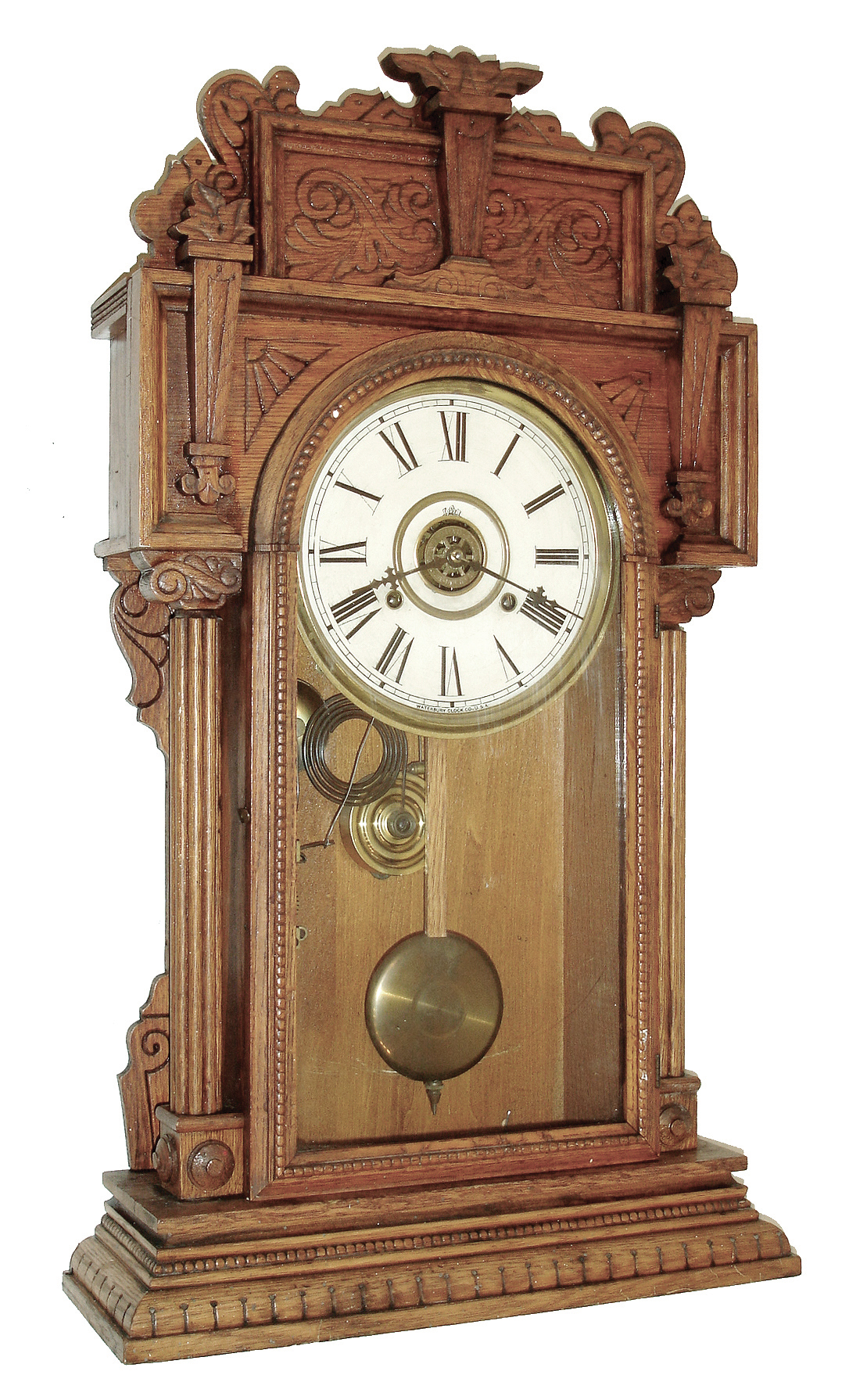 Waterbury Clock Co., Waterbury, Conn., ÒNiagaraÓ shelf clock with a spring driven, 8 days, time, half hour strike and alarm movement in an oak case, c1912. — Antique Clocks Price Guide