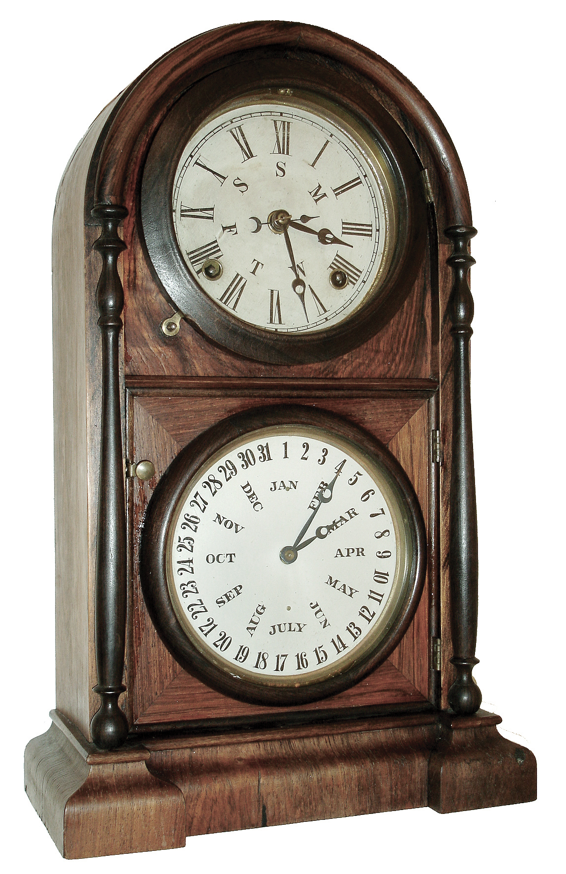 Welch, Spring & Co., Forestville, Conn., ÓItalian No. 3Ò shelf clock with an, 8 days, spring driven, time and strike, movement and a B. B. Lewis perpetual calendar mechanism in a rosewood veneered case, c1872. — Antique Clocks Price Guide