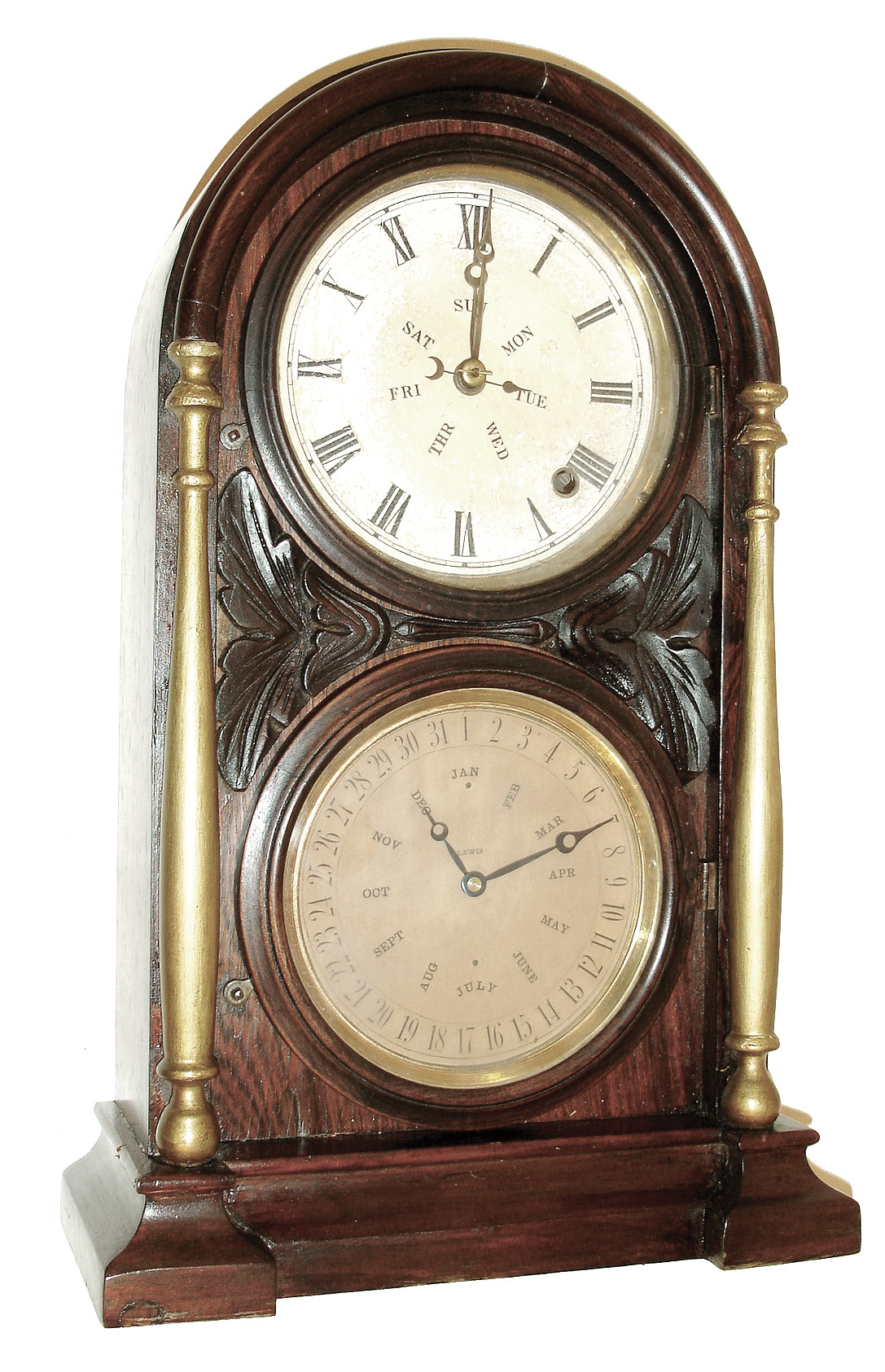 Welch, Spring & Co., Forestville, Conn., ÓItalian No. 1Ò shelf clock with a spring driven, 8 days, time only, movement and a B. B. Lewis perpetual calendar mechanism in a rosewood veneered case, c1872. — Antique Clocks Price Guide