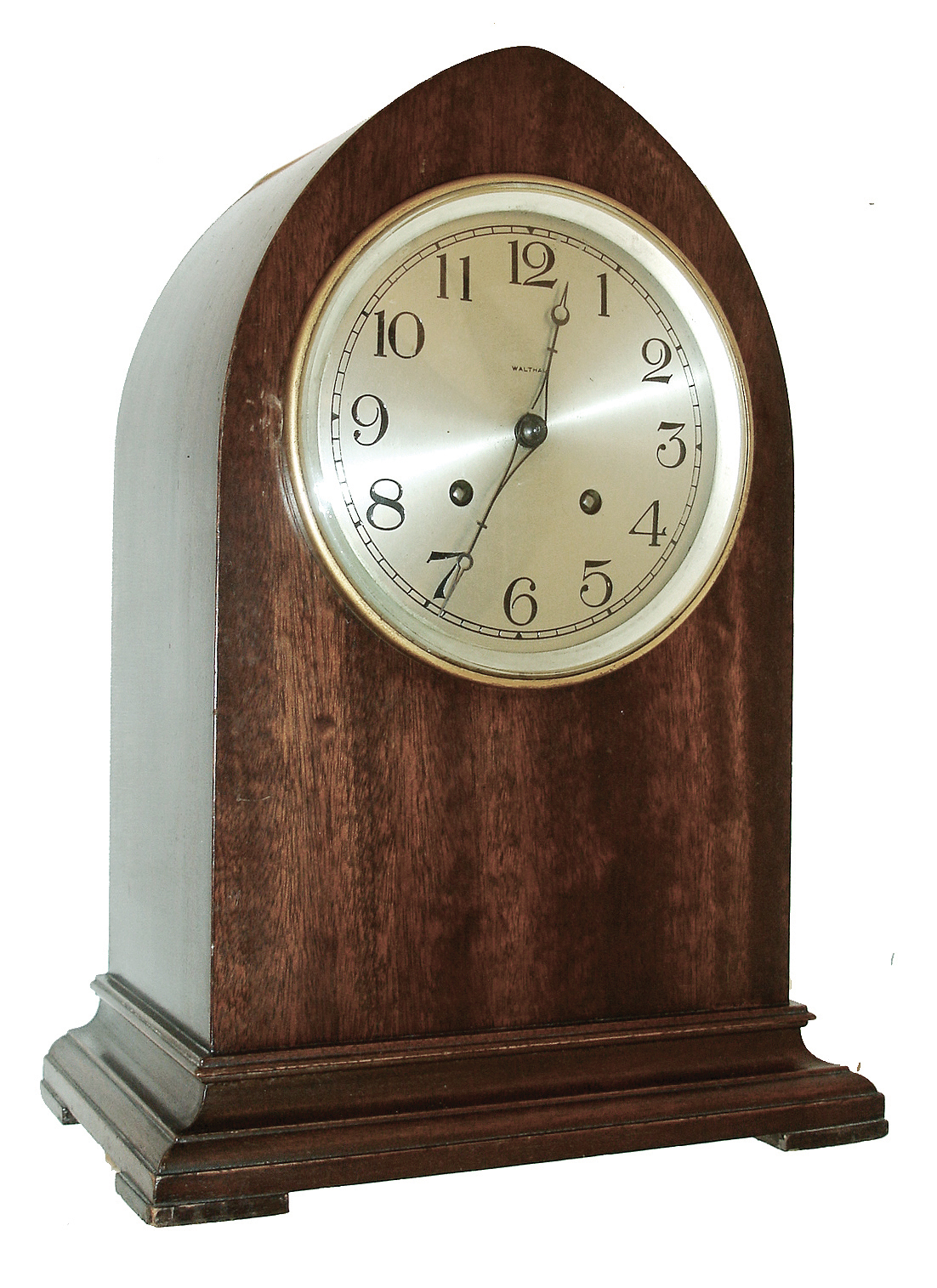 Waltham Watch Co., Waltham, Mass., 8 days, time and strike, spring brass movement platform escapement tambour shelf clock, c1930 — Antique Clocks Price Guide