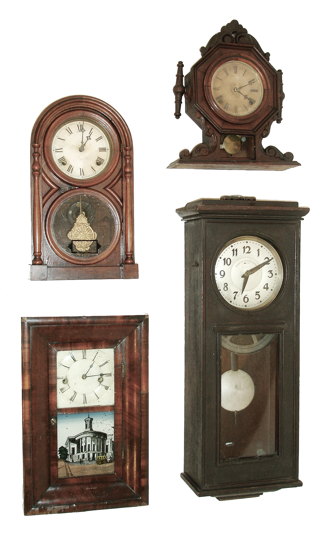 Clocks- 4 (Four): (1) Ansonia Clock Co., Ansonia, Conn., 30 hours, time and strike, spring brass movement small OG shelf clock, c1880 (2) Daniel Pratt & Sons, Reading, Mass. 8 days, time and strike, spring brass movement round top shelf clock. (3) George A. Jones & Co., New York, NY, ÓNew JerseyÒ, 8 days, time and strike, spring brass movement mantel clock, 1870. (4) German, electric master time clock. A large ring with raised pins that can be moved to setup timing intervals that trips a lever to send a signal to a bell some other device. — Antique Clocks Price Guide