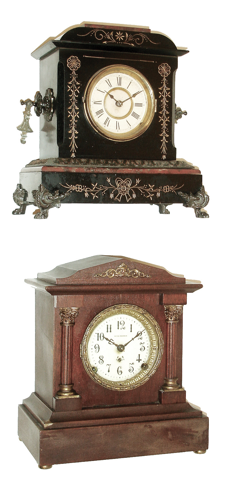 Clocks- 2 (Two): (1) Ansonia Clock Co., Ansonia, Conn., 8 days, time and strike, spring brass movement iron case black mantel clock, c185. This example is the same as the ÒSt. ClairÓ model with different side ornaments. (2) Seth Thomas Clock Co., Thomaston Conn., ÒBerkleyÓ, 8 days, time and strike, spring brass movement mantel clock, c1908. — Antique Clocks Price Guide