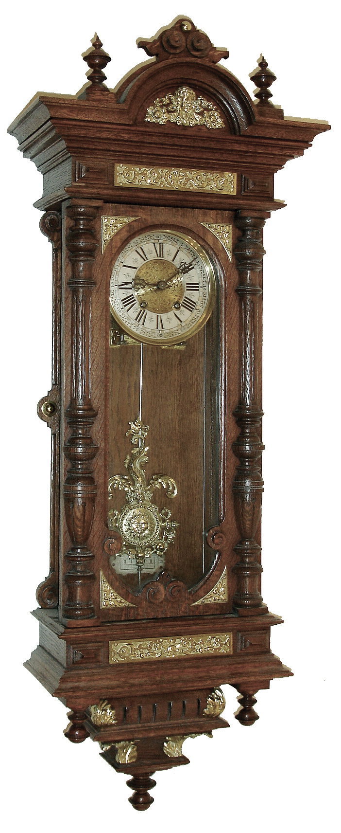 Lenzkirch, Germany, regulator wall clock, 8 days, time and strike, spring driven, series No. 26 movement in an oak case with fourteen pieces of cast brass ornamentation, a brass dial, silvered chapter ring, engraved dial center and fancy cast pendulum bob, serial number 574155, c1881 — Antique Clocks Price Guide