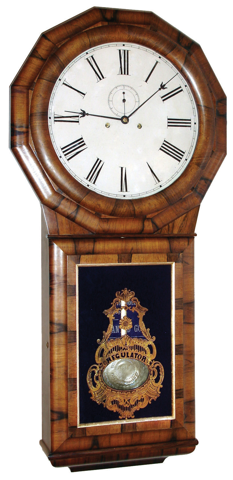 Seth Thomas Clock Co., Plymouth Hollow, Conn., ÓRegulator No. 1 ExtraÒ wall clock, 8 days, time and strike, weight driven movement in a rosewood veneered mahogany case with reverse painted tablet and painted metal dial, c1862 — Antique Clocks Price Guide