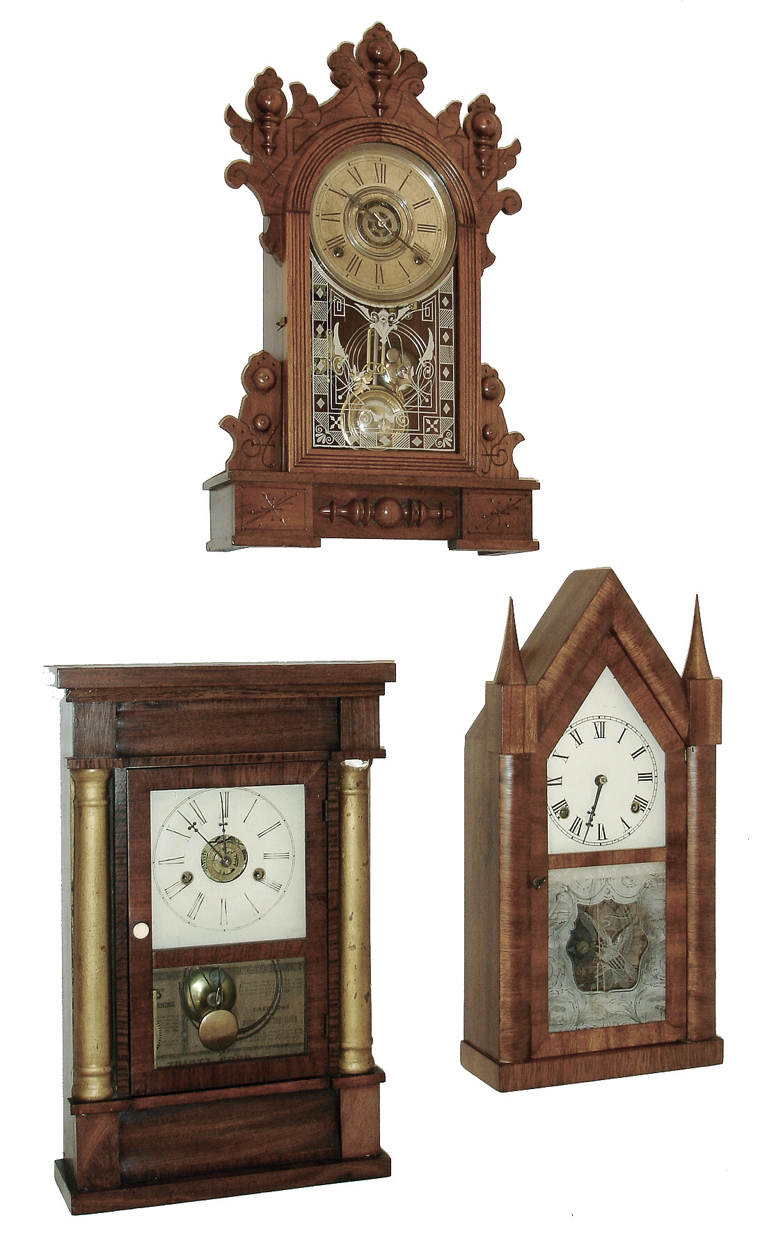Clocks- 3 (Three): (1) Daniel Pratt & Sons, Boston, Mass steeple shelf clock with a, spring driven, fusee, 30 hours, time and strike, movement in a mahogany veneered case, c1849. (2) Forestville Mfg. Co., Bristol, Conn., Column shelf clock with a spring driven, 30 hours, time, strike and alarm movement in a rosewood veneered case, c1850. (3) Wm. L. Gilbert Clock Co., Winsted, Conn., ÓDioÒ shelf clock with a spring driven, 8 days, time, strike and alarm movement in a walnut case, c1891. — Antique Clocks Price Guide