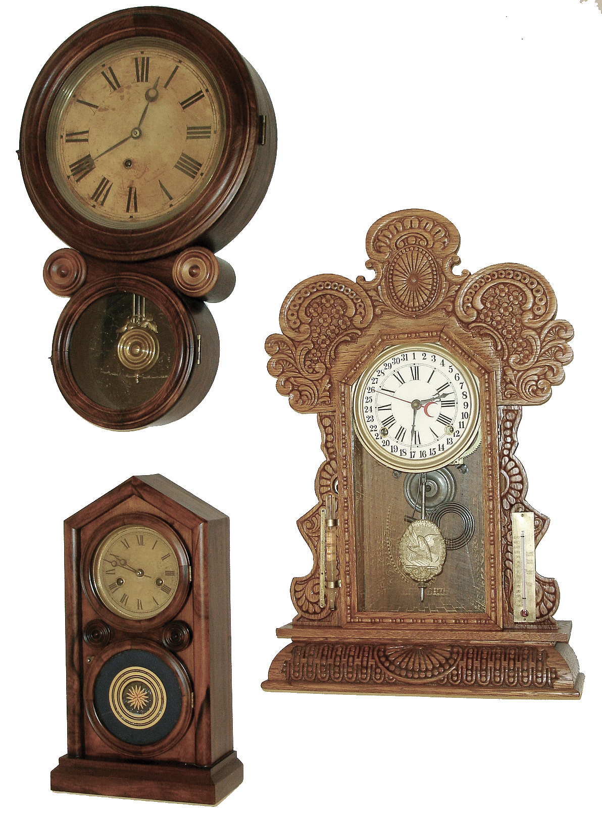 Clocks- 3 (Three): (1) Ingraham Clock Co., Bristol, Conn.unidentified model shelf clock with spring driven, 8 days, time & strike movement in an oak case, c1915. (2) E. Ingraham & Co., Bristol, Conn.ÒIonicÓ wall hanging clock with an, 8 days, time only, movement in a rosewood veneered case, c1890. (3) E. Ingraham Clock Co., Bristol, Conn.ÒDoric No. 2Ó shelf clock with a spring driven, 30 hours, time and strike, movement in a rosewood veneered case, c1880. — Antique Clocks Price Guide