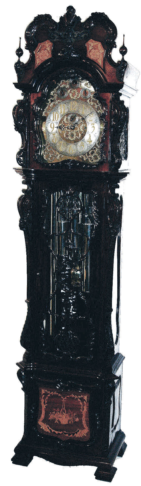 J.J. Elliott, London, England tall case clock, 8 days, time, strike and Westminster & Whittington chime on nine nickel plated tubes, three nickel plated, weight driven movement in an extremely ornate inlaid and carved mahogany case with delicate fret work back board and sides on hood and applied carving over glass in trunk door. The superior brass dial is nicely shaped and has raised silver chapter ring and three subsidiary dials for Strike / Silent, Chime / Silent and tune selection, all surrounded by ornately cast brass trim and spandrels with cast brass dial center and subsidiary seconds, c1910 — Antique Clocks Price Guide