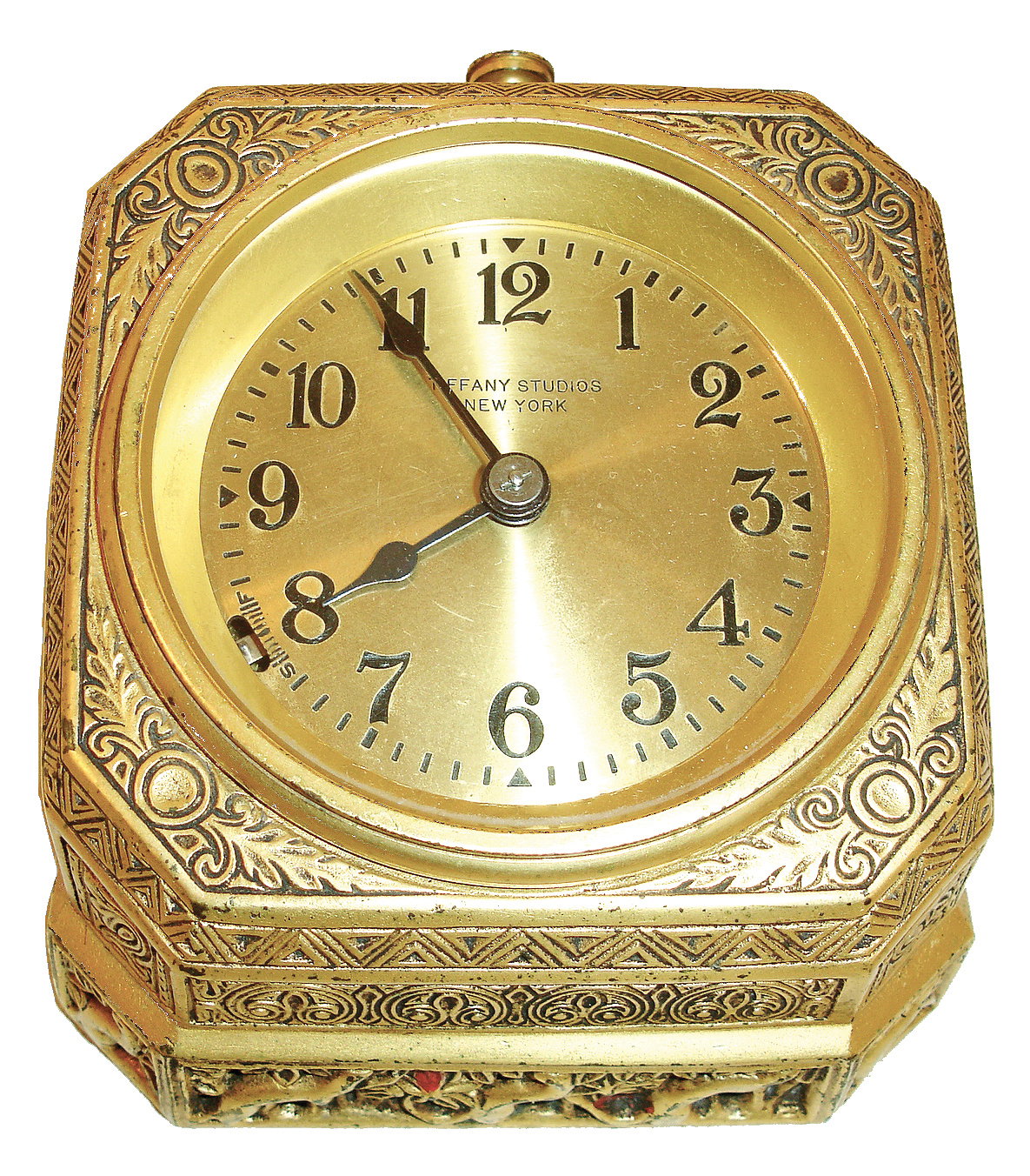 Chelsea, for Tiffany & Co., New York, desk clock in the ÓVenetianÒ pattern, gilt bronze case, bottom stamped 1679, Arabic numeral gilt dial marked ÓTiffany Studios New YorkÒ, blued steel hands, 8 days, timepiece movement with lever escapement, c1920 — Antique Clocks Price Guide