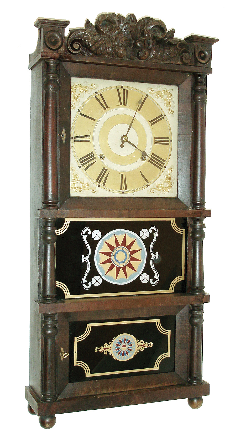 C. & L. C. Ives, Bristol, Conn., 8 days, time and strike, with IvesÕ riveted strap plate weight-driven brass movement in triple deck Empire shelf case, c1835 — Antique Clocks Price Guide