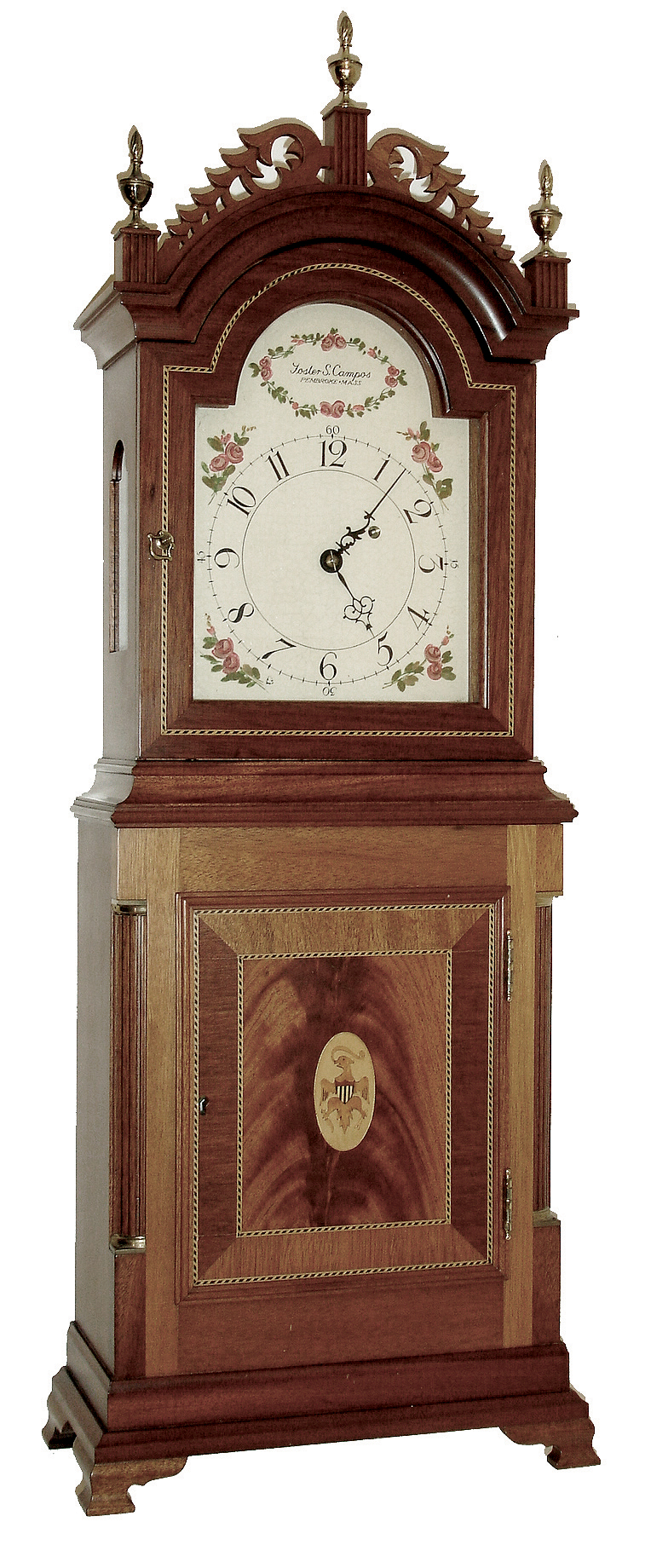 Foster Campos, Pembroke, Mass. 8 days, weight brass movement with drop-off strike reproduction of a David Wood Mass. shelf clock. Case is stamped Ò25Ó and Ò81Ó for 1981. — Antique Clocks Price Guide