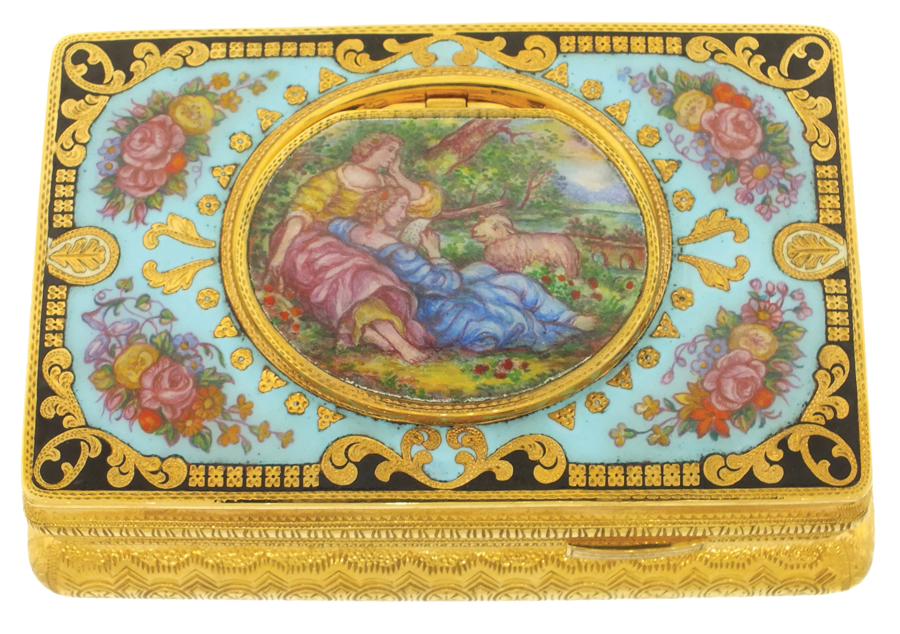 Mechanische Musikwerke Manufaktur, (MMM), Germany, singing bird box, engraved, gilt bombe case with polychrome enamel ornament, the top with black border, a turquoise enamel field with groups of flowers, and the lid with reclining figures in a pastoral landscape, concealing a bird with brightly colored feathers, appearing and performing on demand, late 20th century — Antique Clocks Price Guide