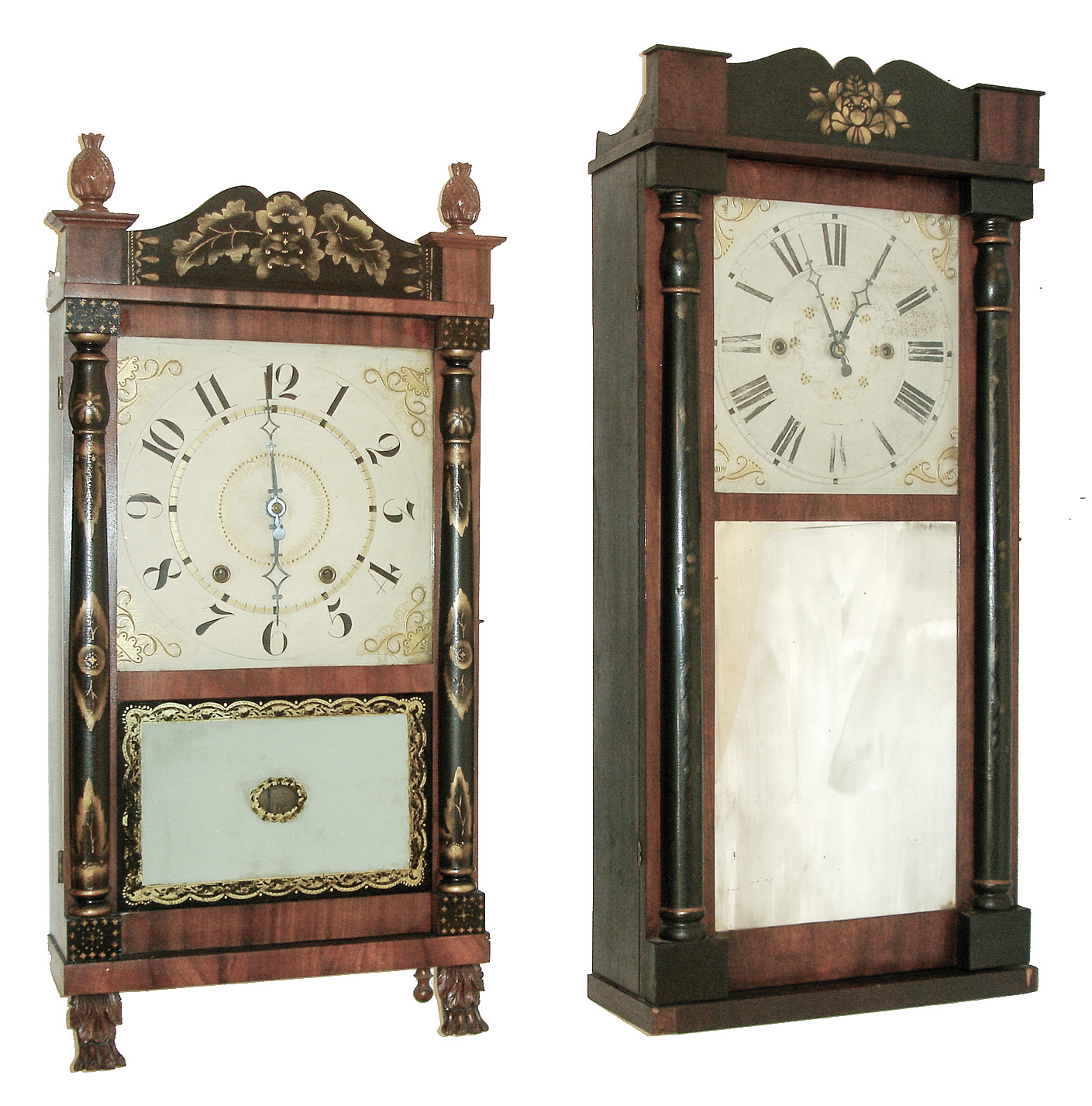 Clocks- 2 (Two): (1) E. & G. W. Bartholomew, Bristol, Conn., 30 hours, time and strike, weight wood movement half column & splat shelf clock, c132. (2) Burr & Chittenden, Lexington, Mass., 30 hours, time and strike, weight wood movement half column & splat shelf clock with ÓgroanerÒ movement, c135. — Antique Clocks Price Guide