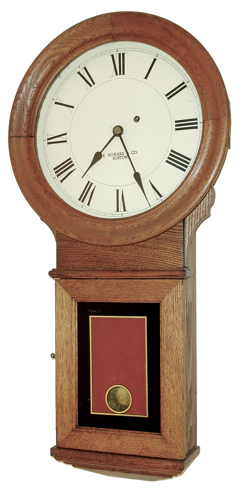 E. Howard & Co., Boston, Mass., ÓNo. 70 RegulatorÒ, 8 days, weight brass movement in an oak case with a reverse painted tablet and painted metal dial wall timepiece, c1910 — Antique Clocks Price Guide