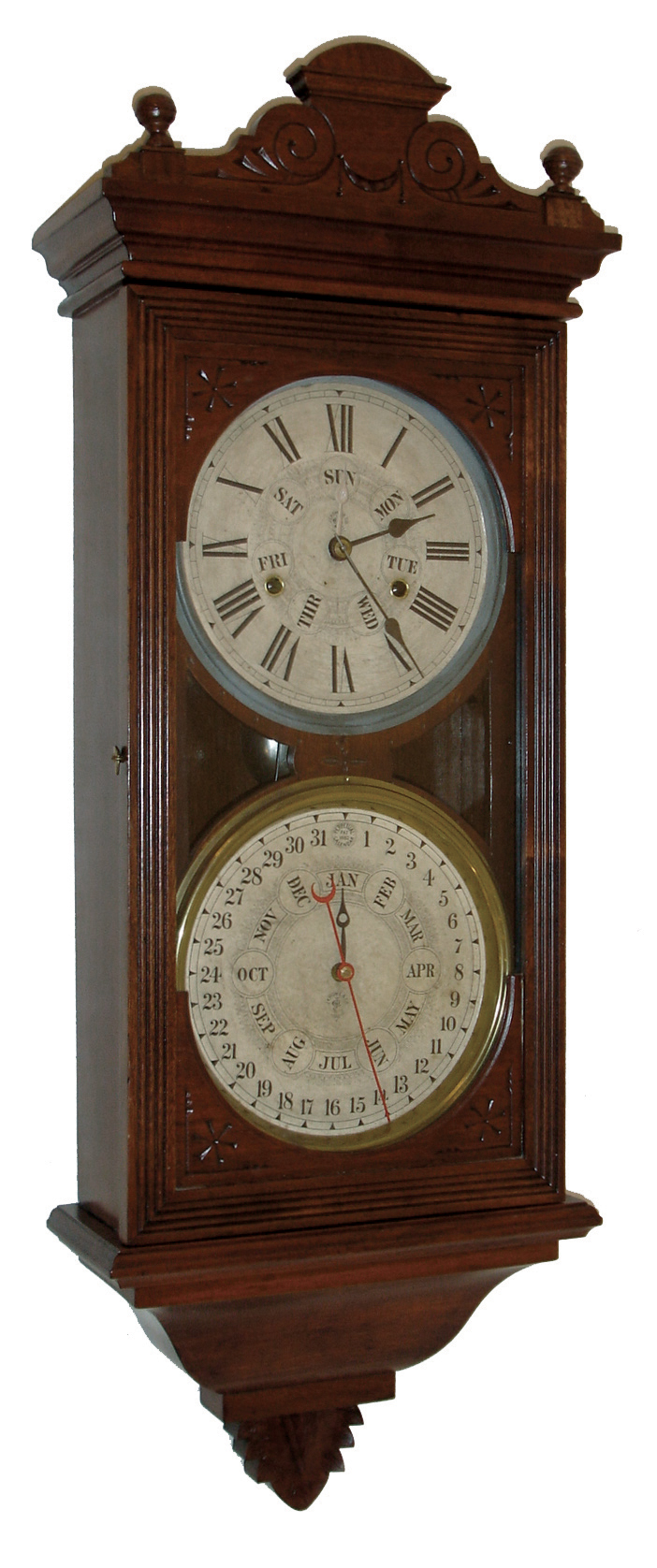 Jerome & Co. (New Haven Clock Co.), New Haven, Conn., ÓRegisterÒ wall hanging clock with spring driven, 8 days, time and strike, movement with perpetual calendar in a walnut case, c1880. — Antique Clocks Price Guide