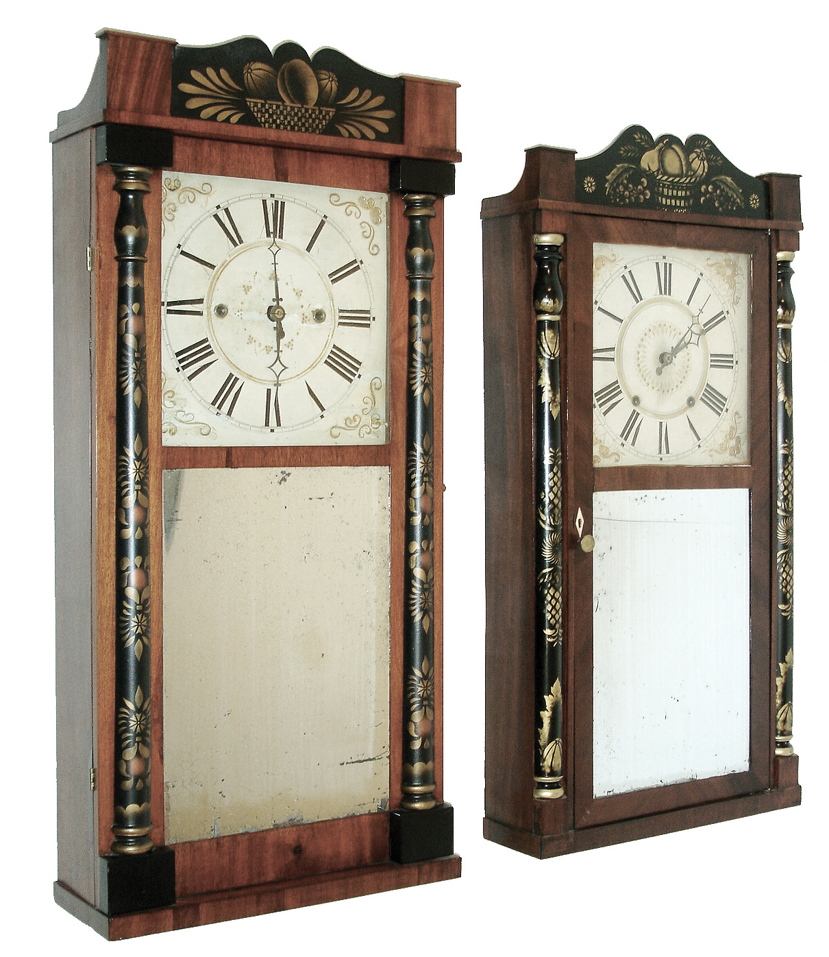 Clocks- 3 (Three): (1) Daniel Pratt, Jr., Reading Mass., 30 hours, time and strike, weight driven, wood movement half column & splat shelf clock, c135. (2) Atkins & Downs for George Mitchell & R. Atkins, Bristol, Conn., 30 hours, time and strike, weight wood movement half column & splat shelf clock, c1830. (3) Unknown, 30 hours, time and strike, weight wood movement half column & splat shelf clock with ÓgroanerÒ movement, c129. — Antique Clocks Price Guide