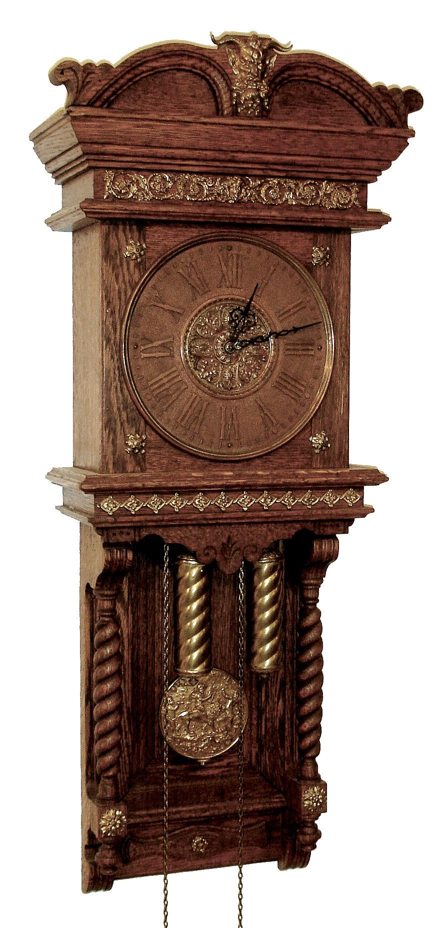 Ansonia Clock Co., New York, NY, ÒNiobeÓ wall hanging clock with weight driven, 8 days, time and strike, movement in an oak case, c1904. — Antique Clocks Price Guide