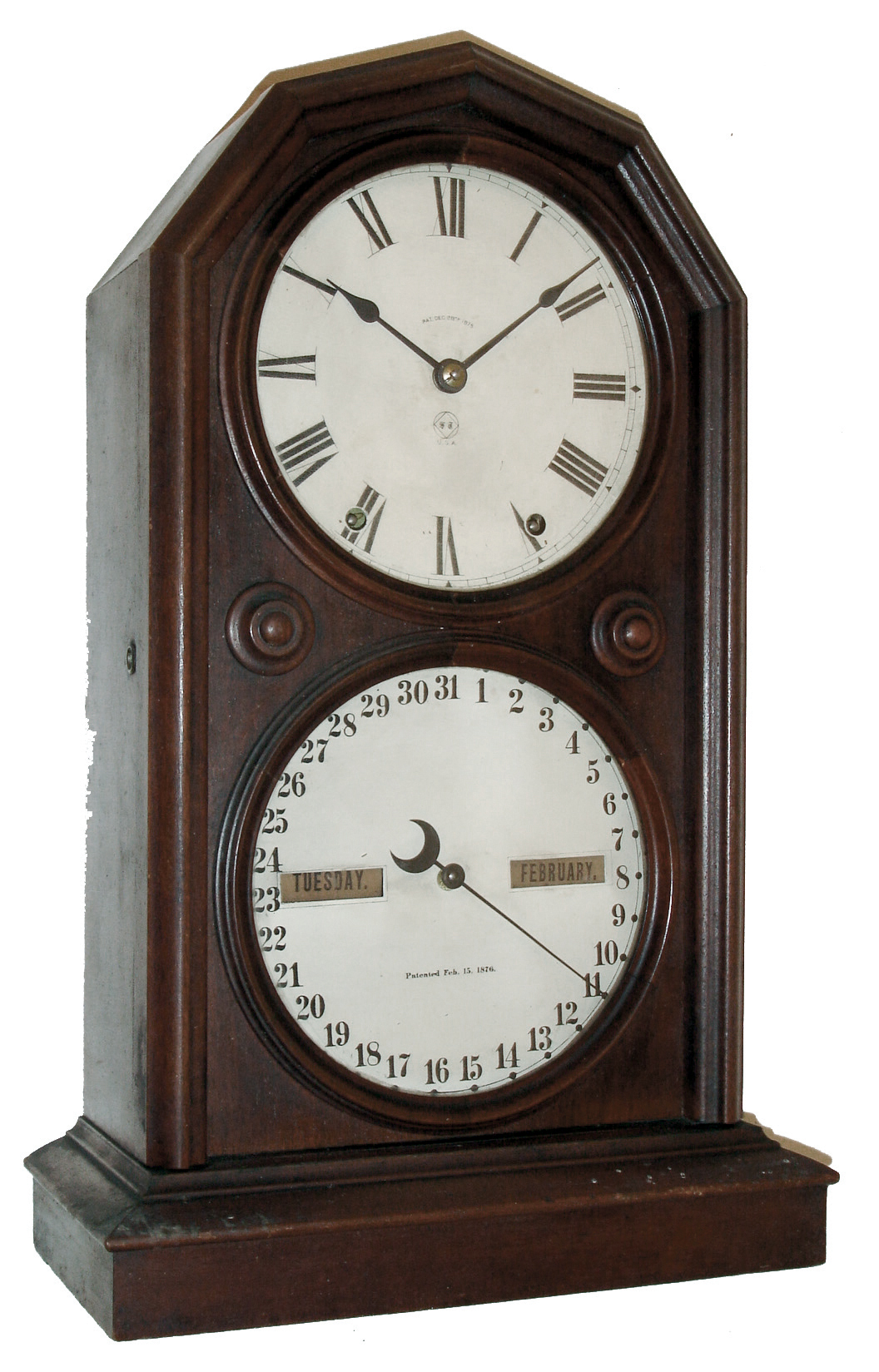 Seth Thomas Clock Co., Thomaston, Conn., ÒParlor Calendar No. 5Ó, 8 days, spring driven, time and strike, movement with perpetual calendar mechanism in a walnut case. dated 1892. — Antique Clocks Price Guide