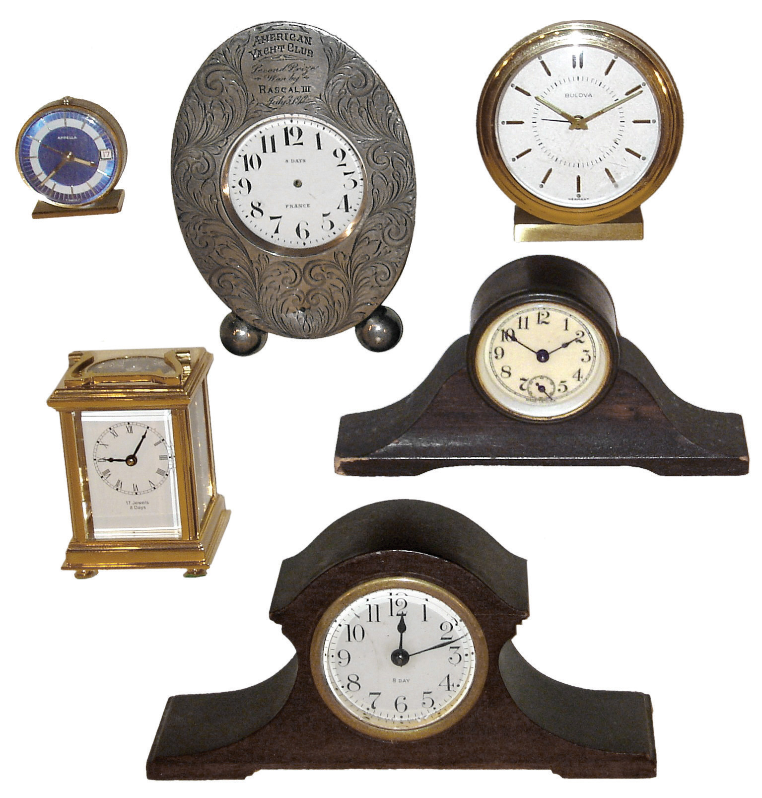 Clocks- 14 (Fourteen): French silver trophy clock ÓAmerican Yacht Club, Second Prize Won By Rascall III, July 3, 1912Ò; Proclocks reproduction small brass carriage clock; miniature wood tambour; Appella small Swiss alarm clock; Bulova round alarm clock; Seth Thomas, 8 days, wood tambour clock; Forum, Shanghai, modern, 8 days, Westminster chime balance wheel clock on simulated burl base with square glass cover, and seven others, all 20th century — Antique Clocks Price Guide