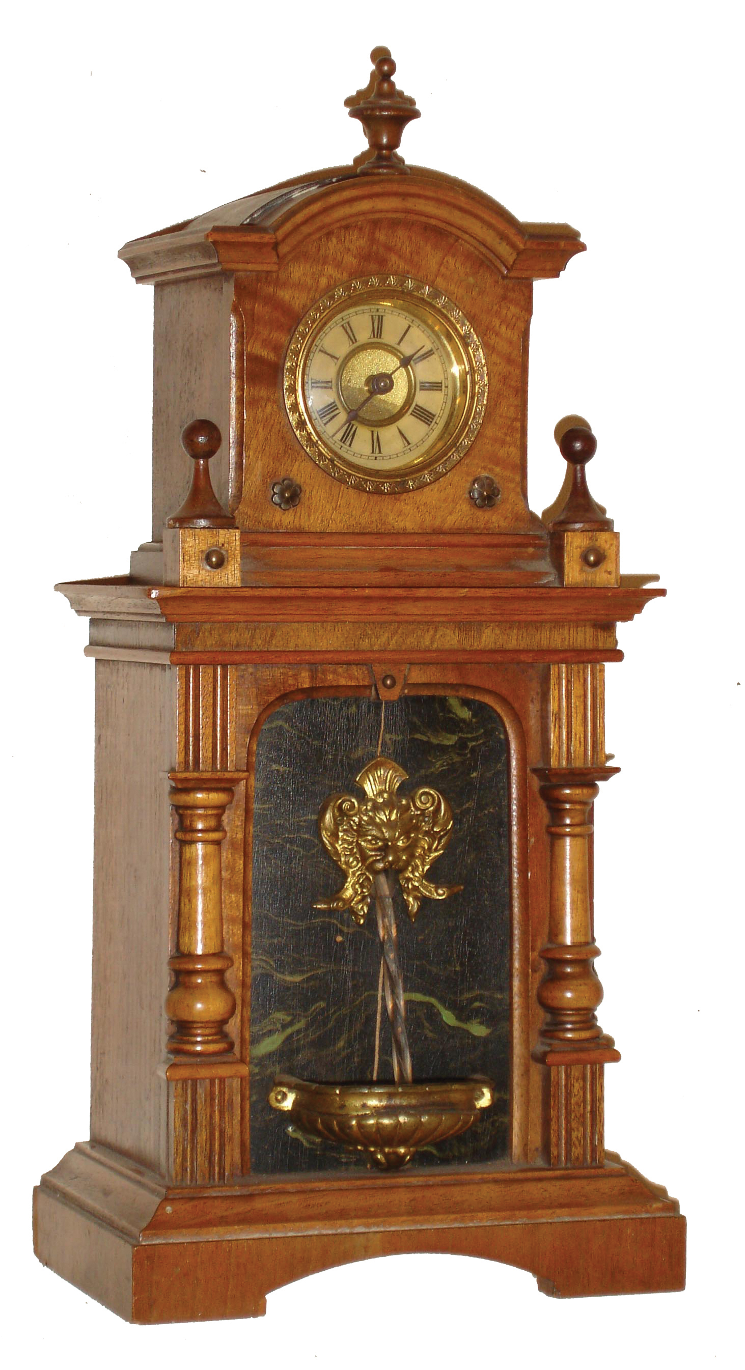 Hamburg American Clock Co., Germany, water fountain, 30 hours, walnut novelty mantel clock, c1900 — Antique Clocks Price Guide