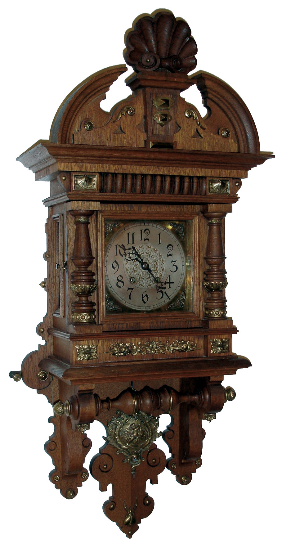 Lenzkirch, AGU, Germany, oak ÒFreischwingerÓ, with a, spring driven, time and half hour strike movement (ser No. 214408). This model is depicted in the George Everett Lenzkirch Clock book, page 96, Nr. 70, c1892. — Antique Clocks Price Guide