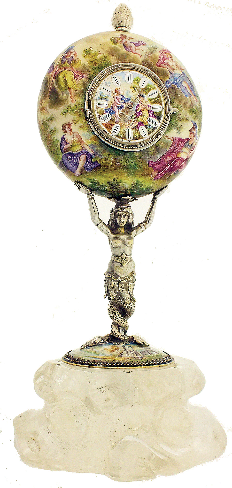 Austria, table or desk clock, round, cushion shaped case with pineapple finial and polychrome enamel decoration, the scenes depicting nymphs, putti and centurions in various landscapes, the Roman numeral enamel dial with similar treatment, the case held aloft by a cast silver mermaid standing on an oval polychrome enamel decorated plaque, all mounted to a carved, rock crystal base, 15 jewel key wound Swiss movement, 9 1/4Ò h, 19th century — Antique Clocks Price Guide