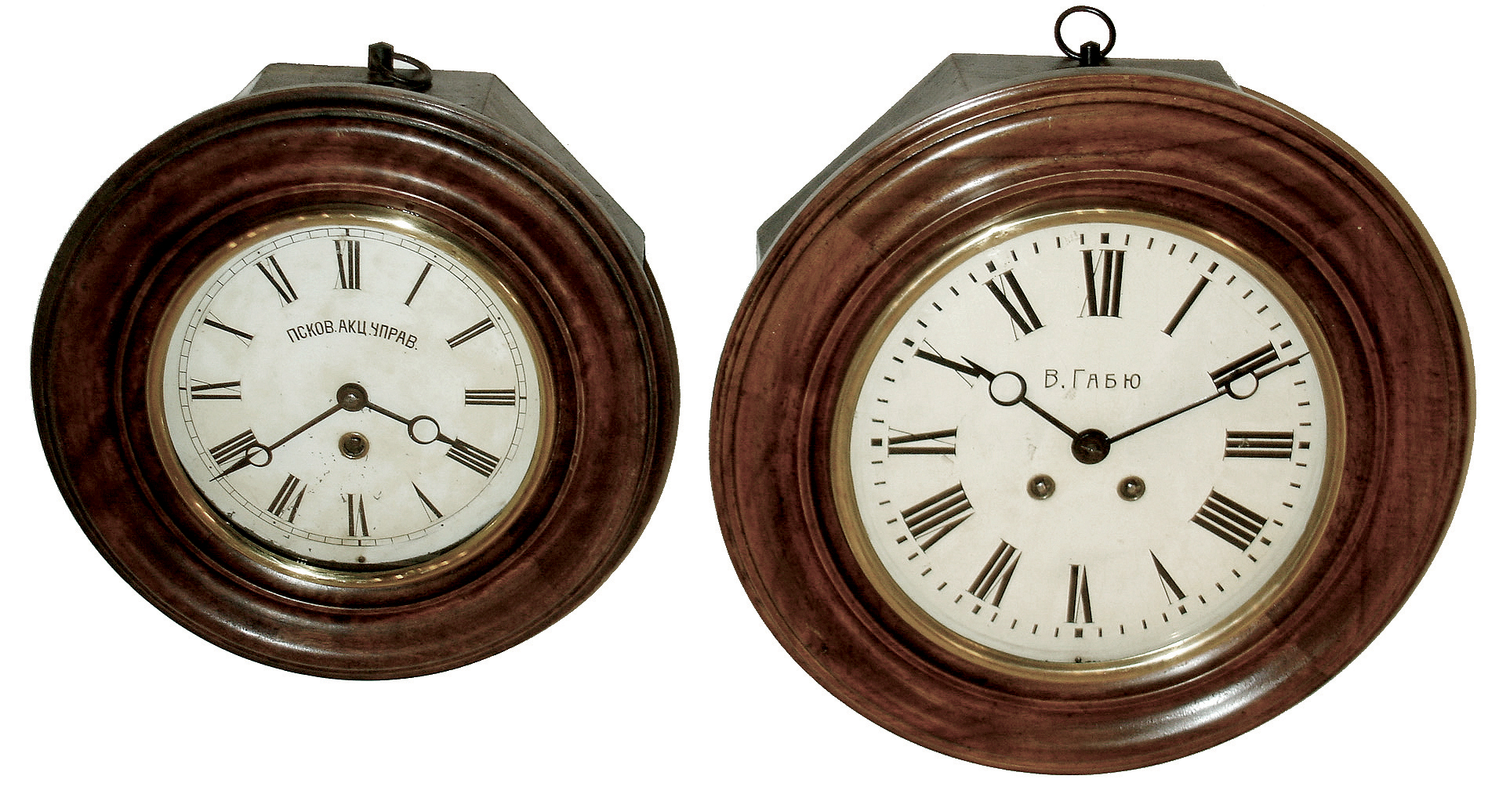 Clocks- 2 (Two) Lenkirch, 8 days, round walnut gallery clocks, Russian dial names: larger time and strike; smaller time only; numbers Ó1 Million 535114Ò and Ó1 Million 144021Ò, 1907 and 1897 — Antique Clocks Price Guide