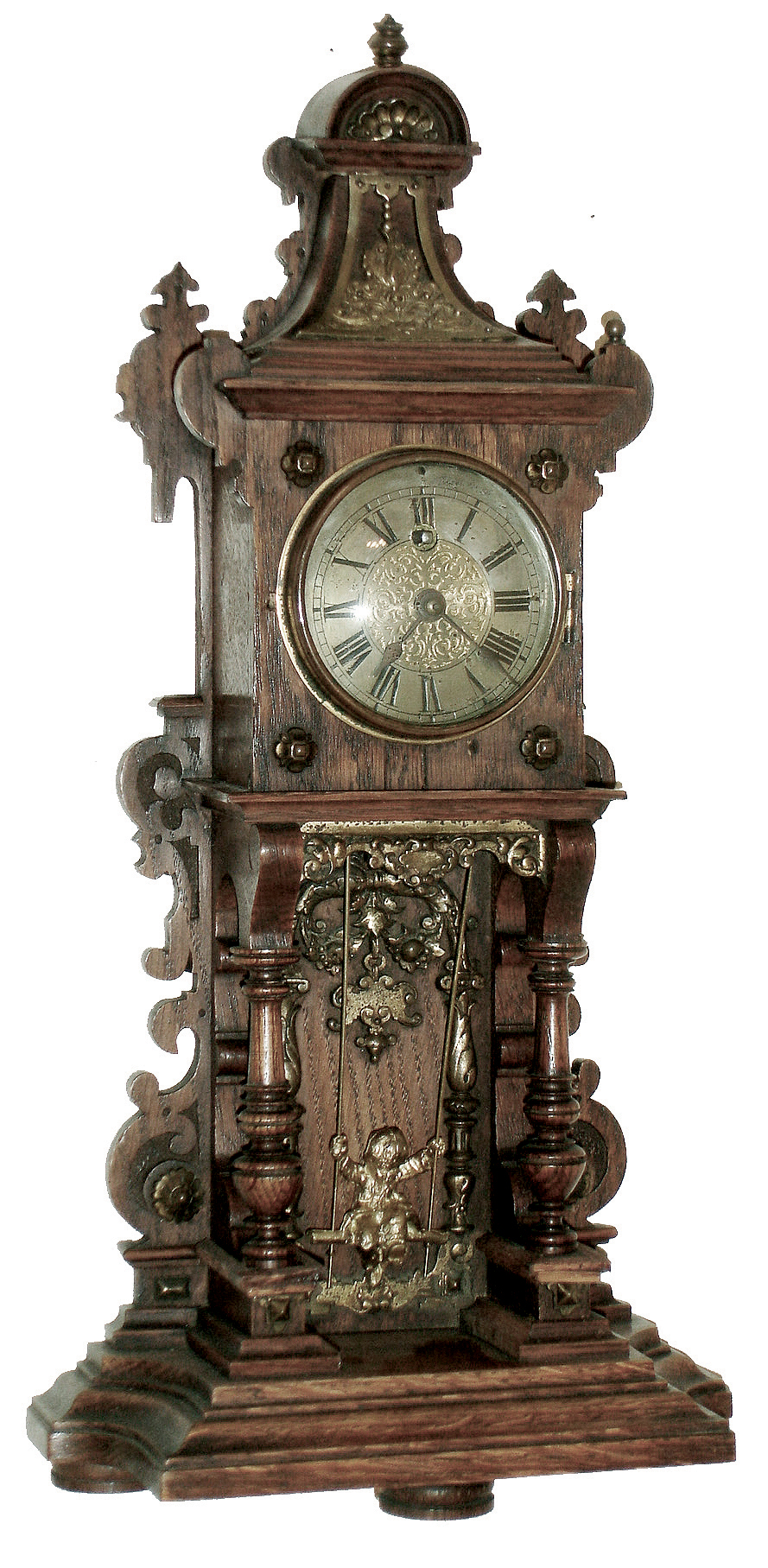 Lenzkirch, Germany, walnut, 8 days, time only, swinging doll (brass doll) mantel clock, serial 691195 c1880 — Antique Clocks Price Guide