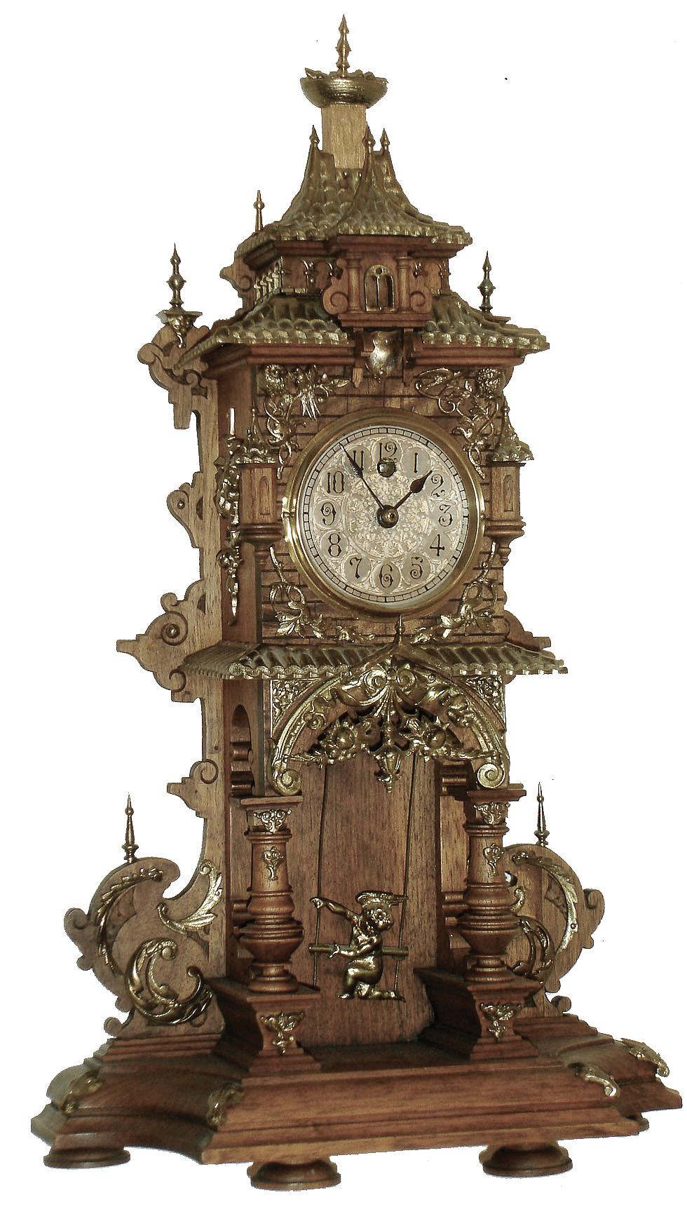 Lenzkirch, Germany, walnut and brass, 8 days, time only, swinging brass cherub mantel clock, Ó1 Million 34641Ò, 1903 — Antique Clocks Price Guide