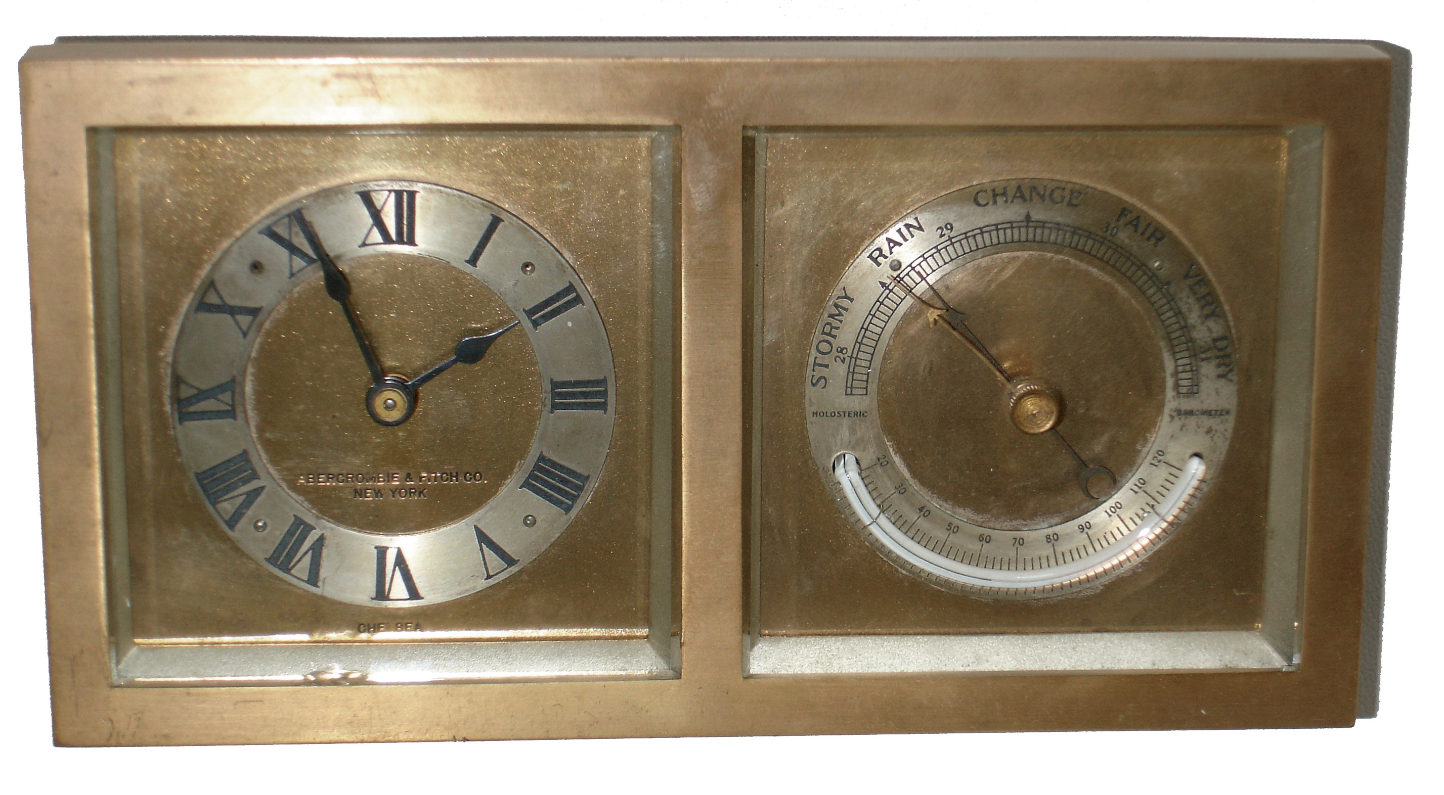 Chelsea Clock Co., Boston, for Abercrombie & Fitch, ÓPerryÒ brass easel-style, 8 days, time only, clock and barometer desk set, with curved thermometer, No. 188285, 1928 — Antique Clocks Price Guide