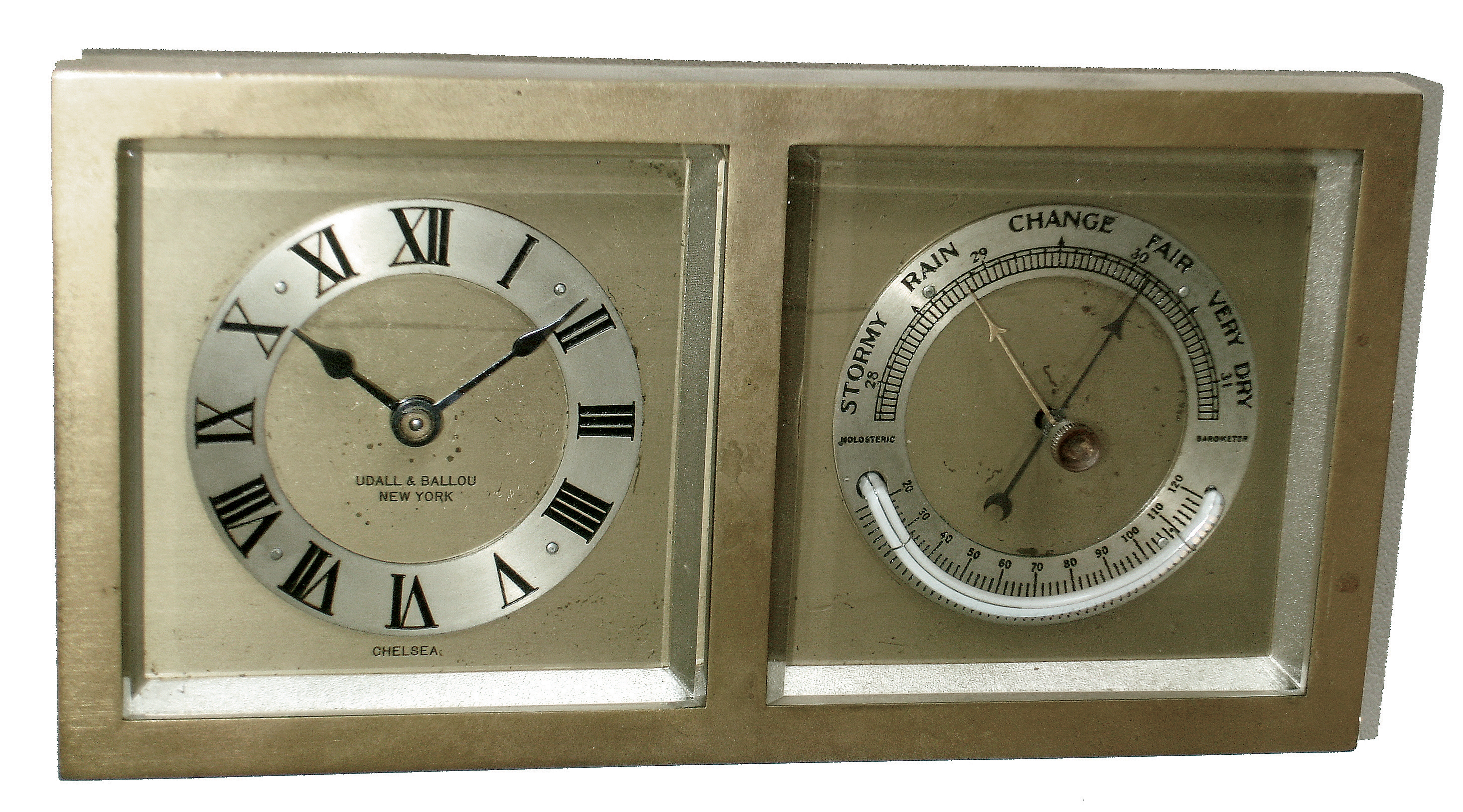 Chelsea Clock Co., Boston, for Udall & Ballou, New York, NY, ÓPerryÒ easel-style, 8 days, clock and barometer brass desk set, No. 188691, 1928 — Antique Clocks Price Guide